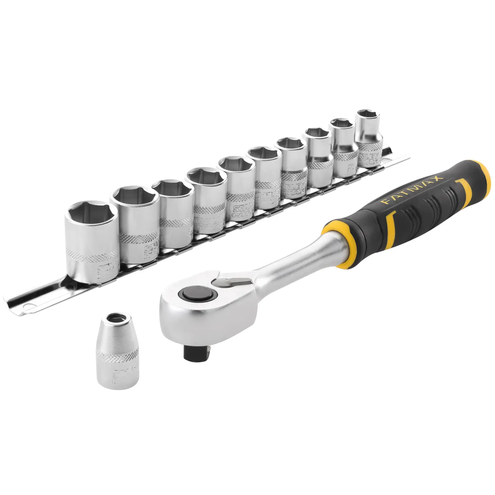 Coffret cliquet et douilles STANLEY FMMT82680-0 avec poignée noire et jaune, vue de face sur fond blanc.