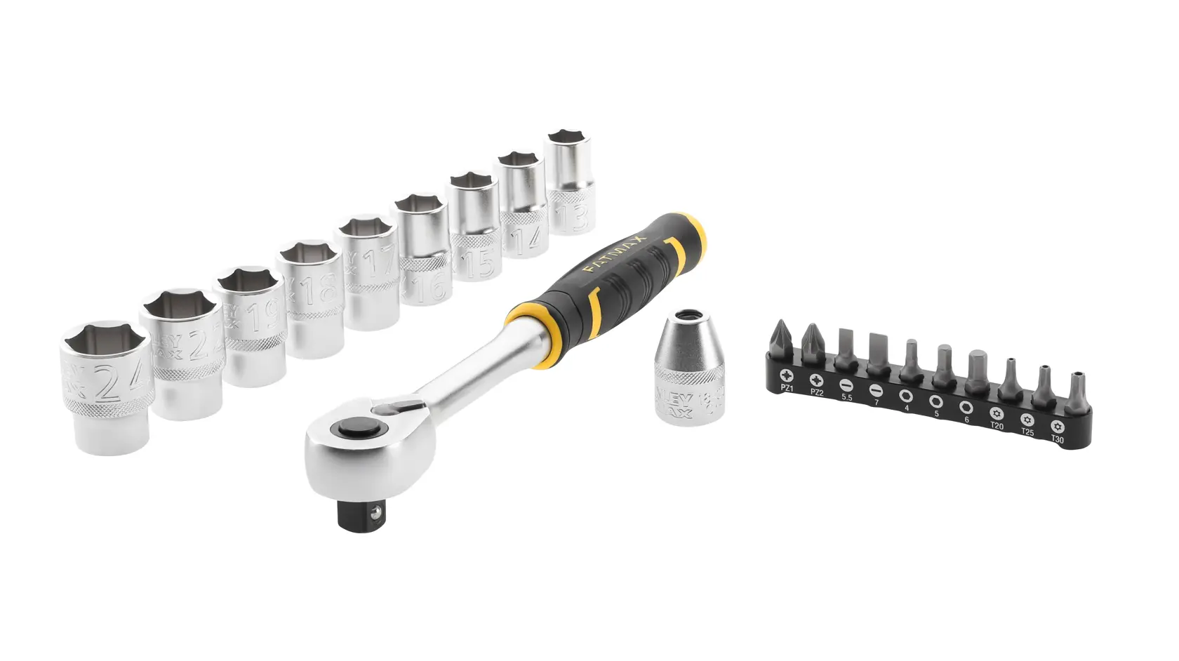 STANLEY FMMT82681-0 socket wrench set with ratchet, sockets, adapter, and screwdriver bits, front angle on white.