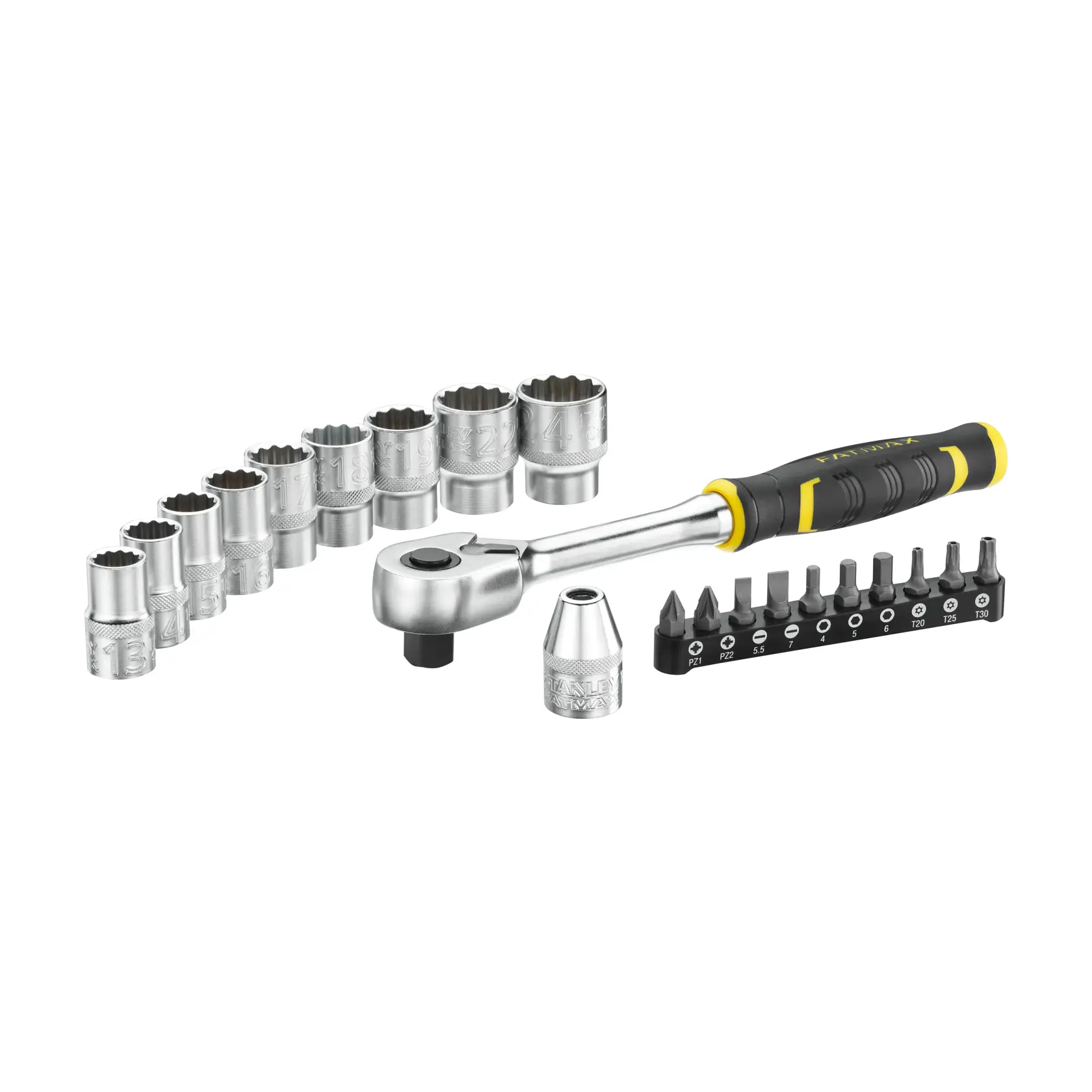 STANLEY FMMT82681-0 socket and bit set with ratchet, various sockets, and black handle, front angle photo.
