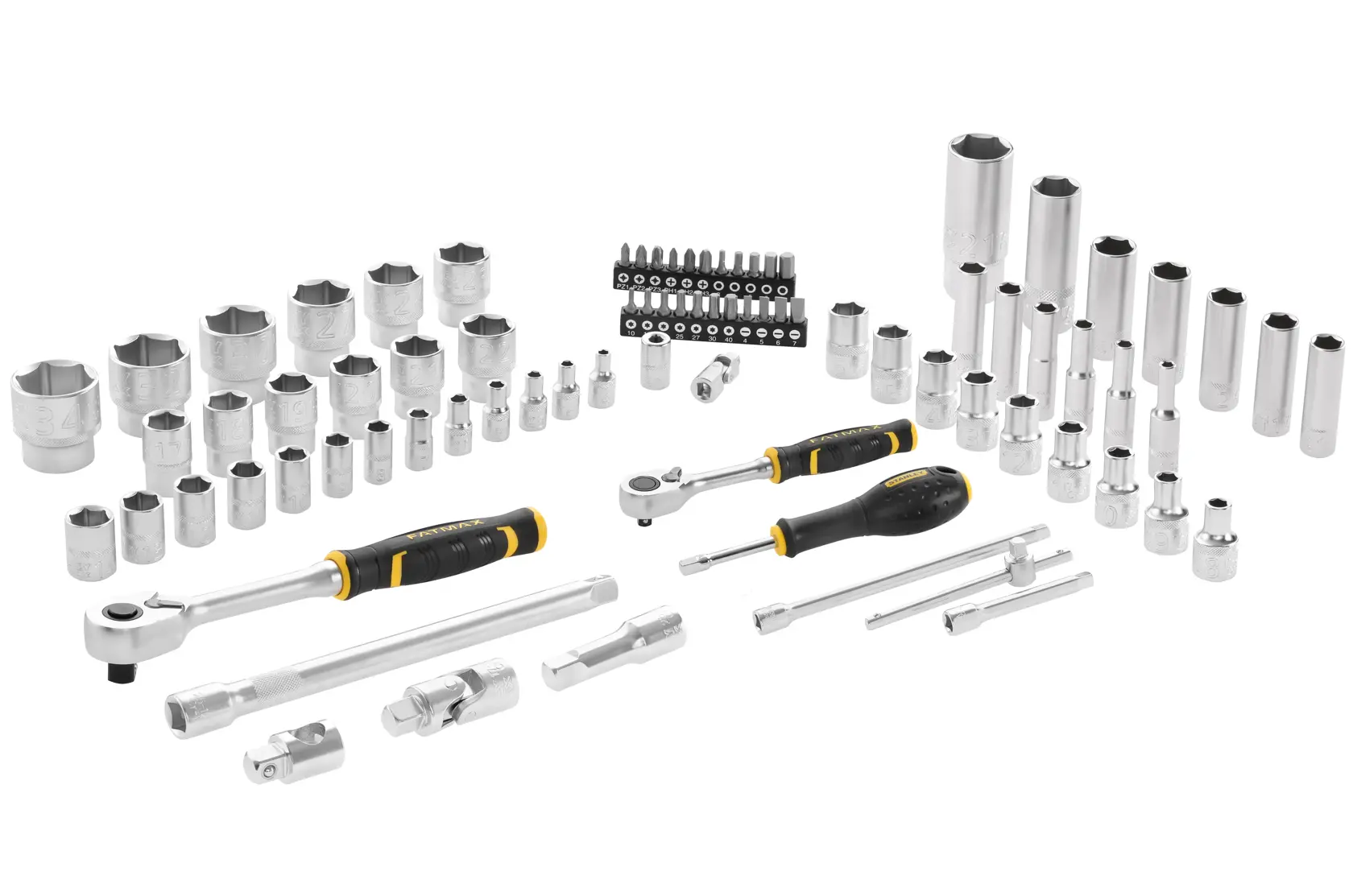 STANLEY FMMT82826-1 photography of socket and ratchet set with chrome sockets, bits, and black-yellow handles, front angle.