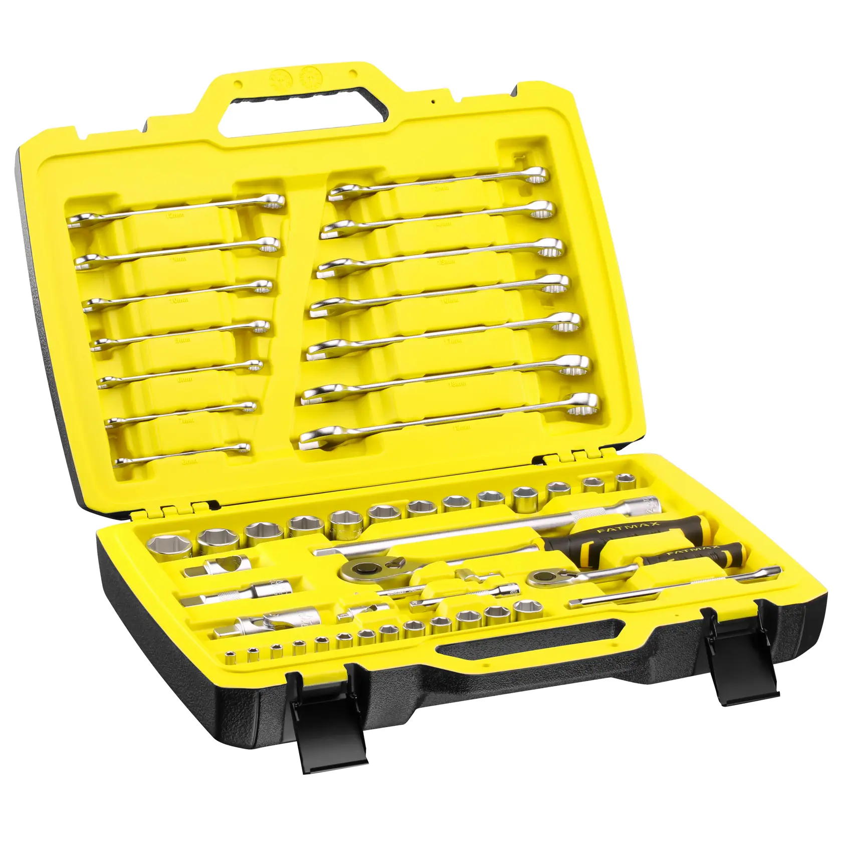 STANLEY FMMT82827-1 mechanics tool set with sockets, wrenches, and ratchets in a yellow hard case, front angle.
