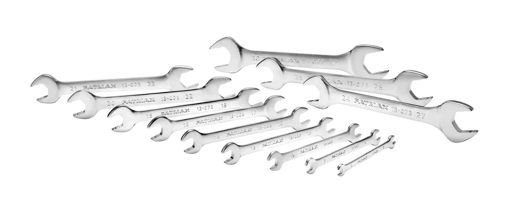 STANLEY FMMT82902-0 photography of open-end wrench set, silver finish, assorted sizes, white background angle.