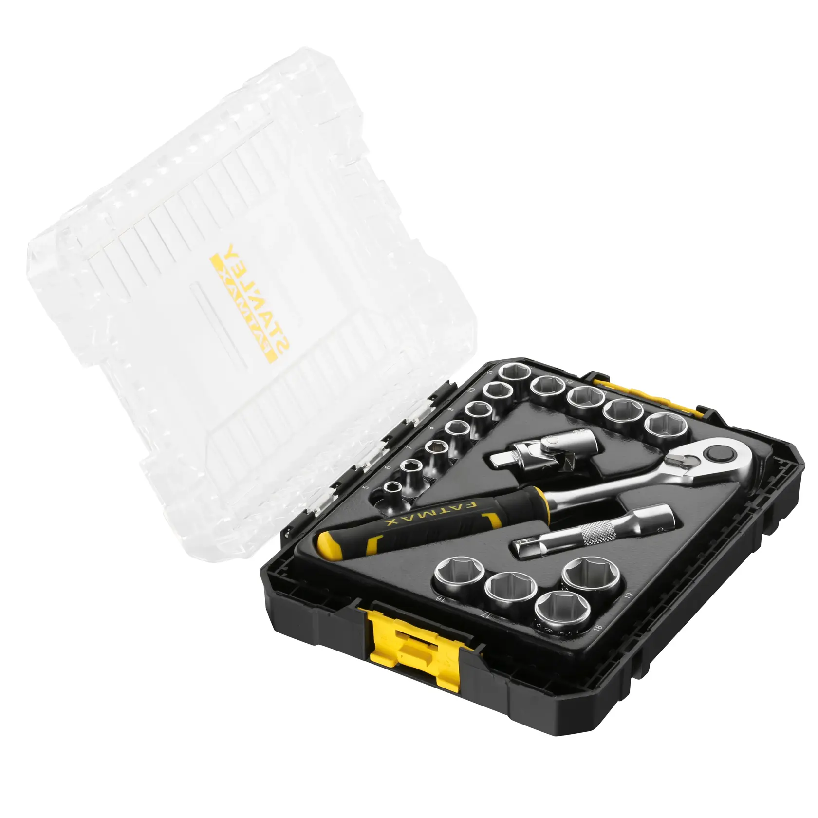 STANLEY FMMT98102-0 socket and ratchet set in black and yellow hard case, photographed at a front angle with lid open.
