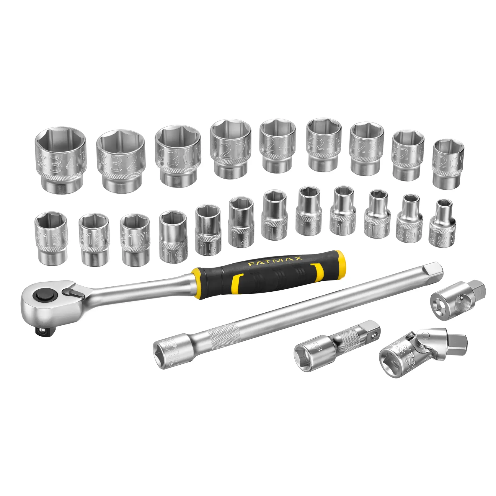STANLEY FMMT98103-1 set de clés à douilles avec cliquet, barres d’extension, adaptateurs et plusieurs douilles, vue à plat sur fond blanc.