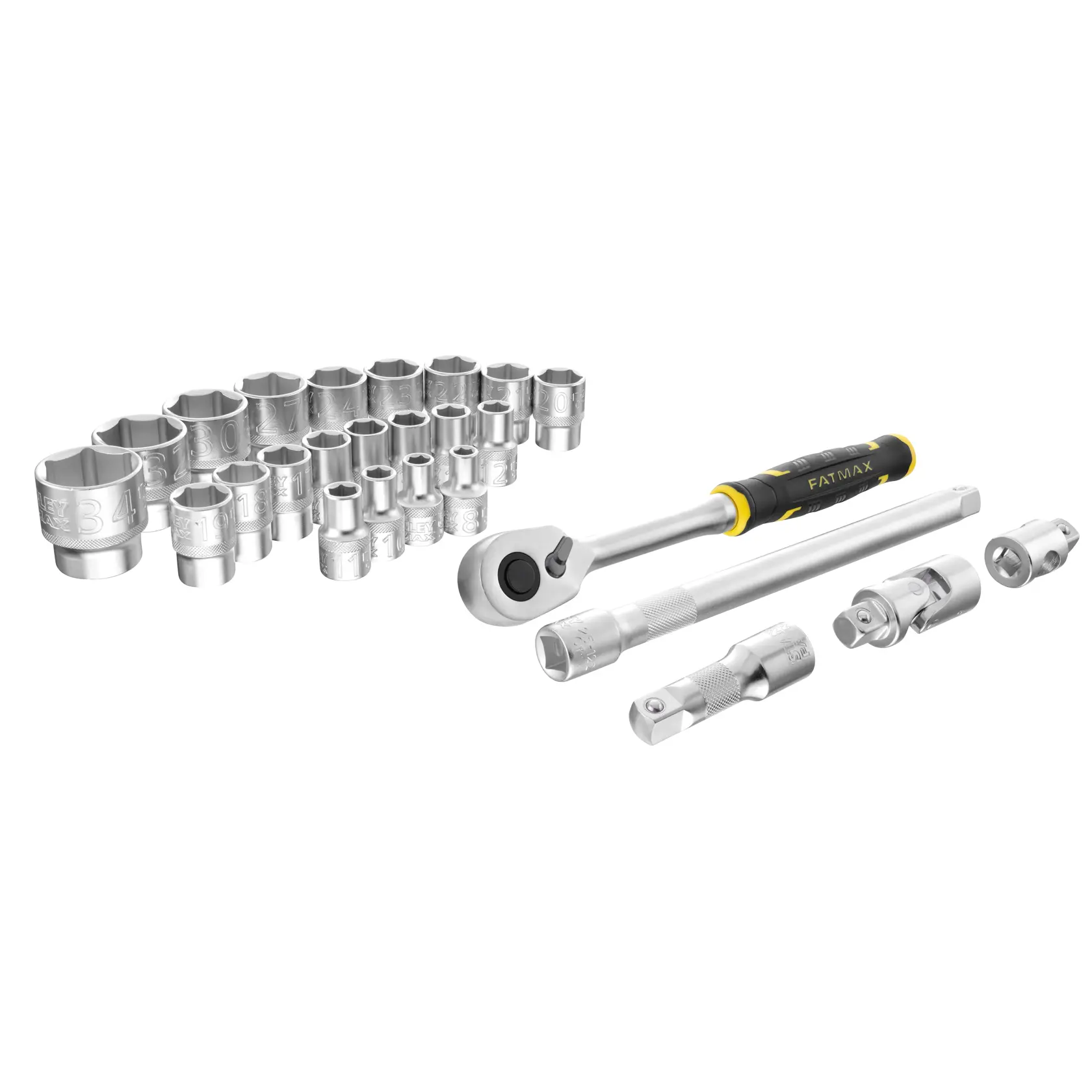 Stanley socket wrench set with multiple sockets and accessories, including ratchet and extension bars.
