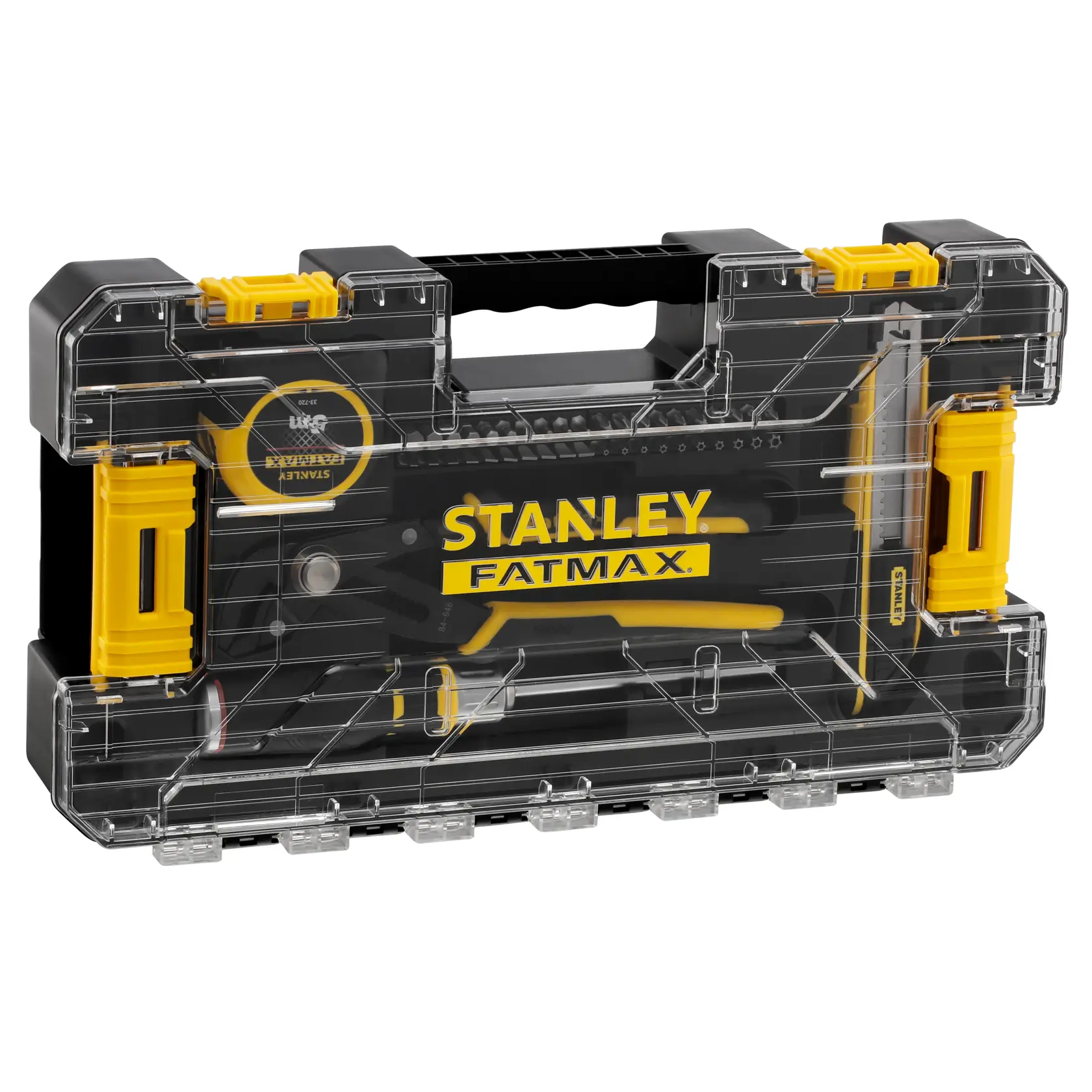 Photo of STANLEY FMMT98106-1 tool set in transparent black and yellow hard case, front angle.