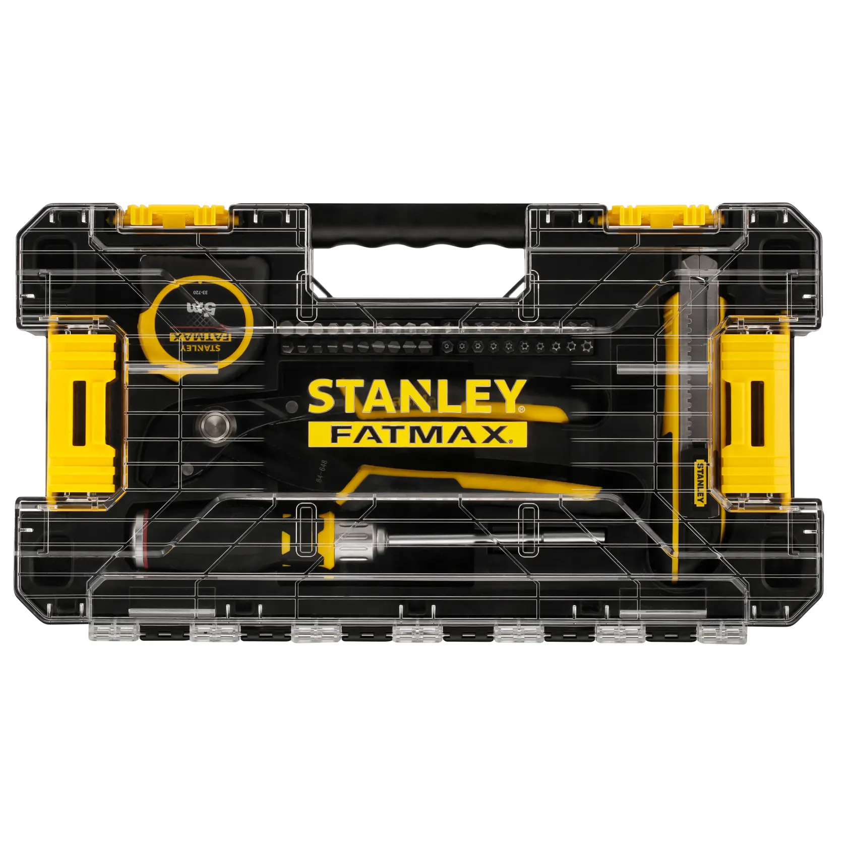 Stanley Fatmax tool set in a black and yellow plastic case with transparent lid.
