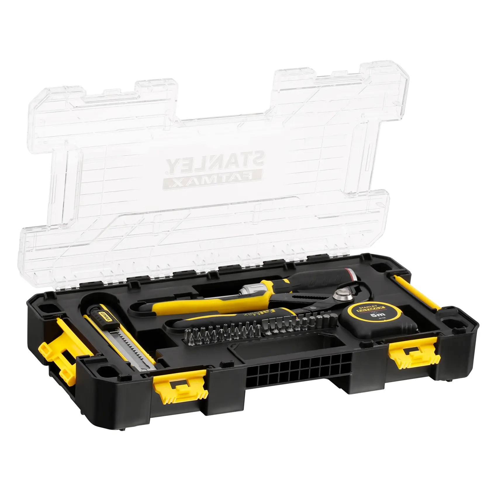 Stanley tool kit with various hand tools in a black case with yellow accents and clear lid.