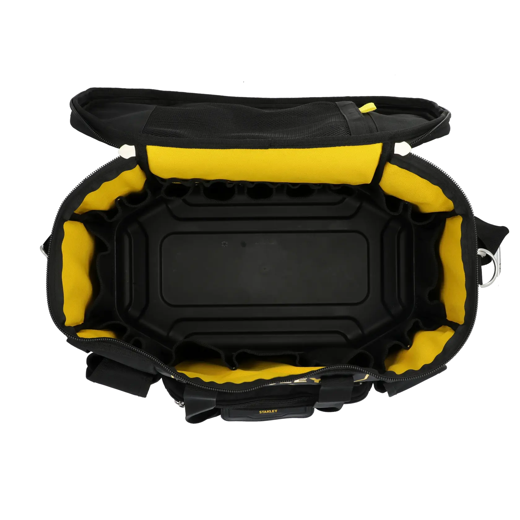 STANLEY FMST1-70749 photography of open tool bag, top view, black and yellow interior with pockets.