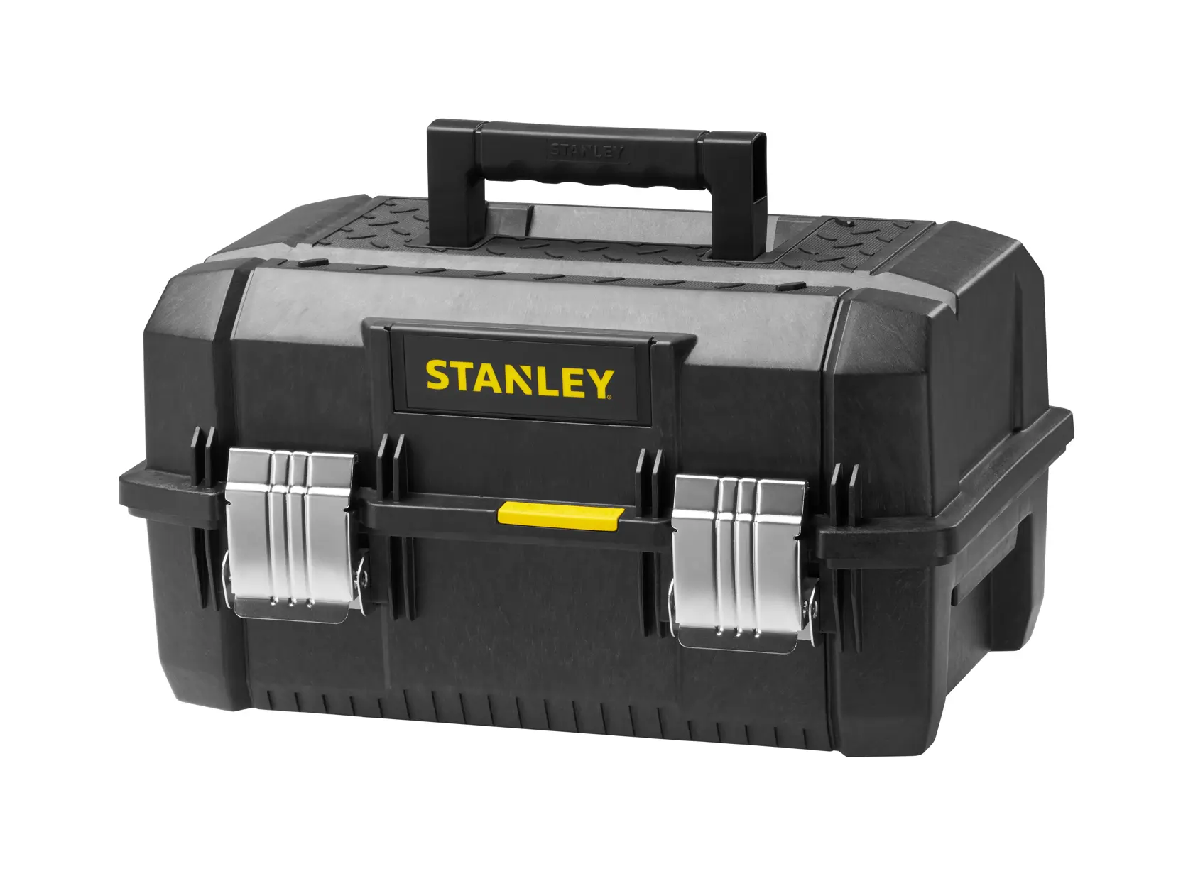 STANLEY FMST1-71219 boîte à outils noire vue de face, loquets métalliques et poignée supérieure.