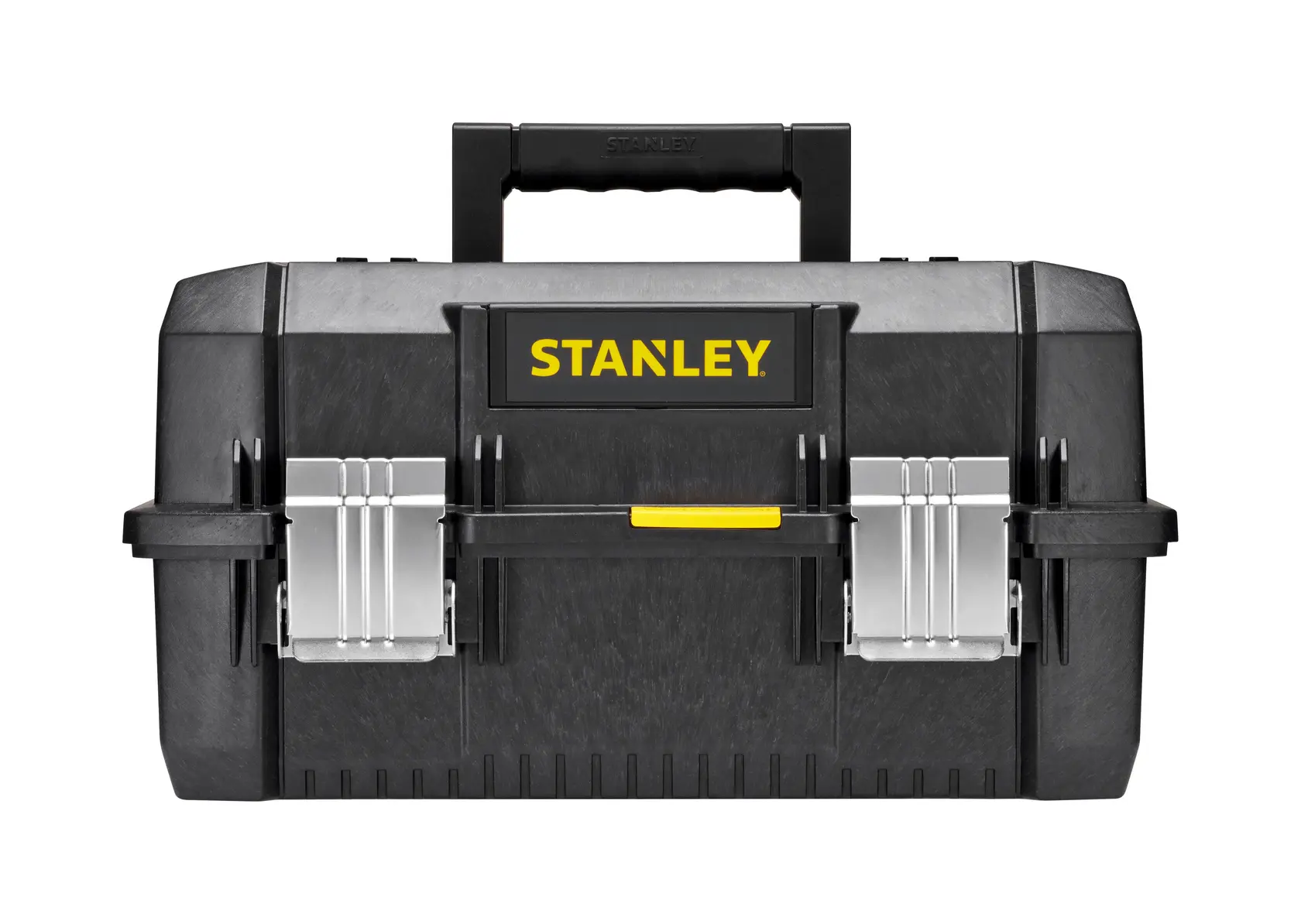 STANLEY FMST1-71219 boîte à outils noire avec loquets métalliques, logo jaune, vue avant sur fond blanc.