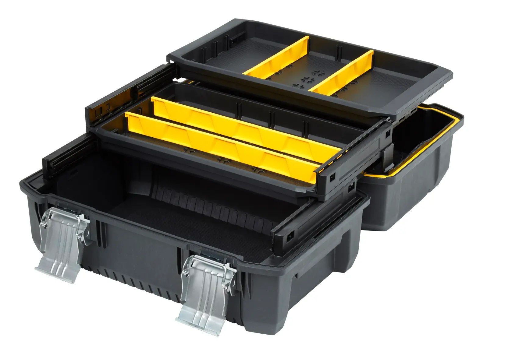 STANLEY FMST1-71219 boîte à outils compartiments ouverts, noir et jaune, vue de biais sur fond blanc.