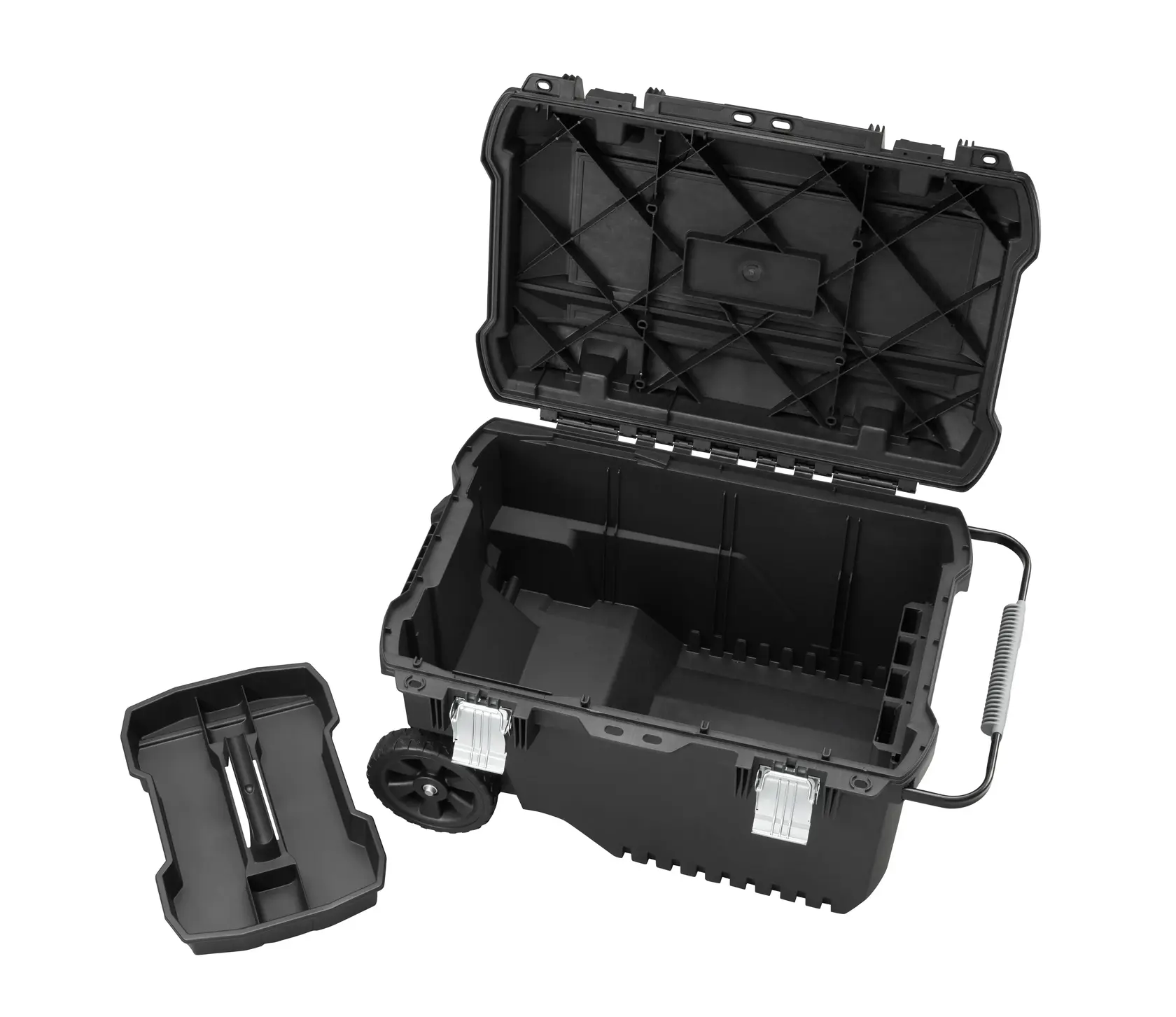 STANLEY FMST1-73601 boîte à outils noire à roulettes avec couvercle ouvert et plateau amovible, vue en angle sur fond blanc.