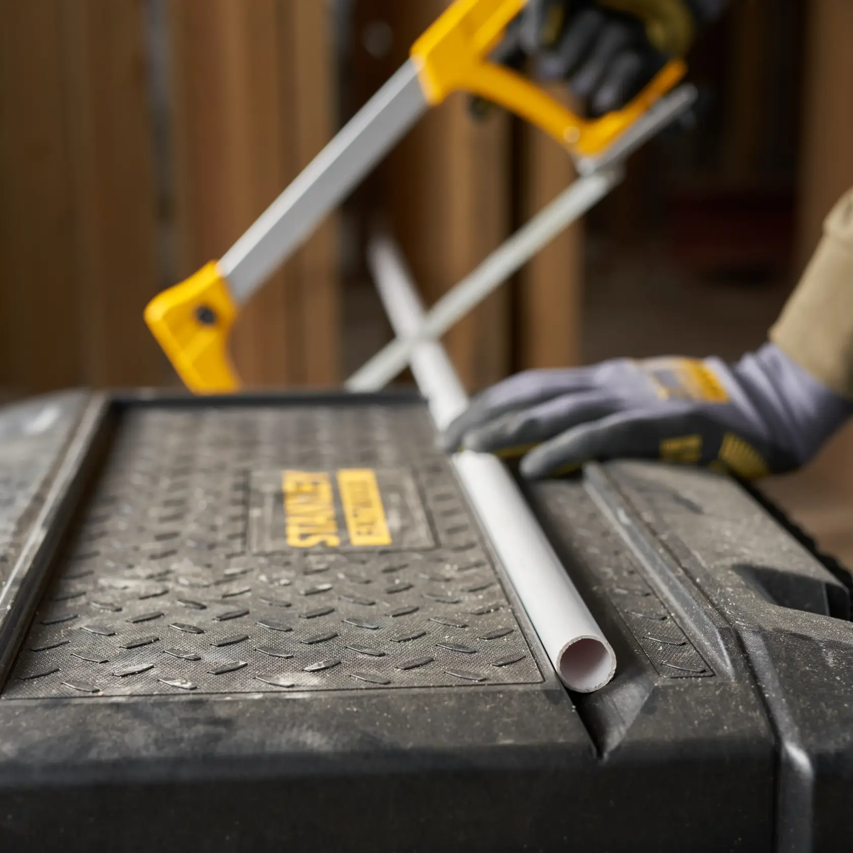 Boîte à outils STANLEY FMST1-73601 utilisée comme plan de travail avec scie et gant coupant un tuyau blanc.