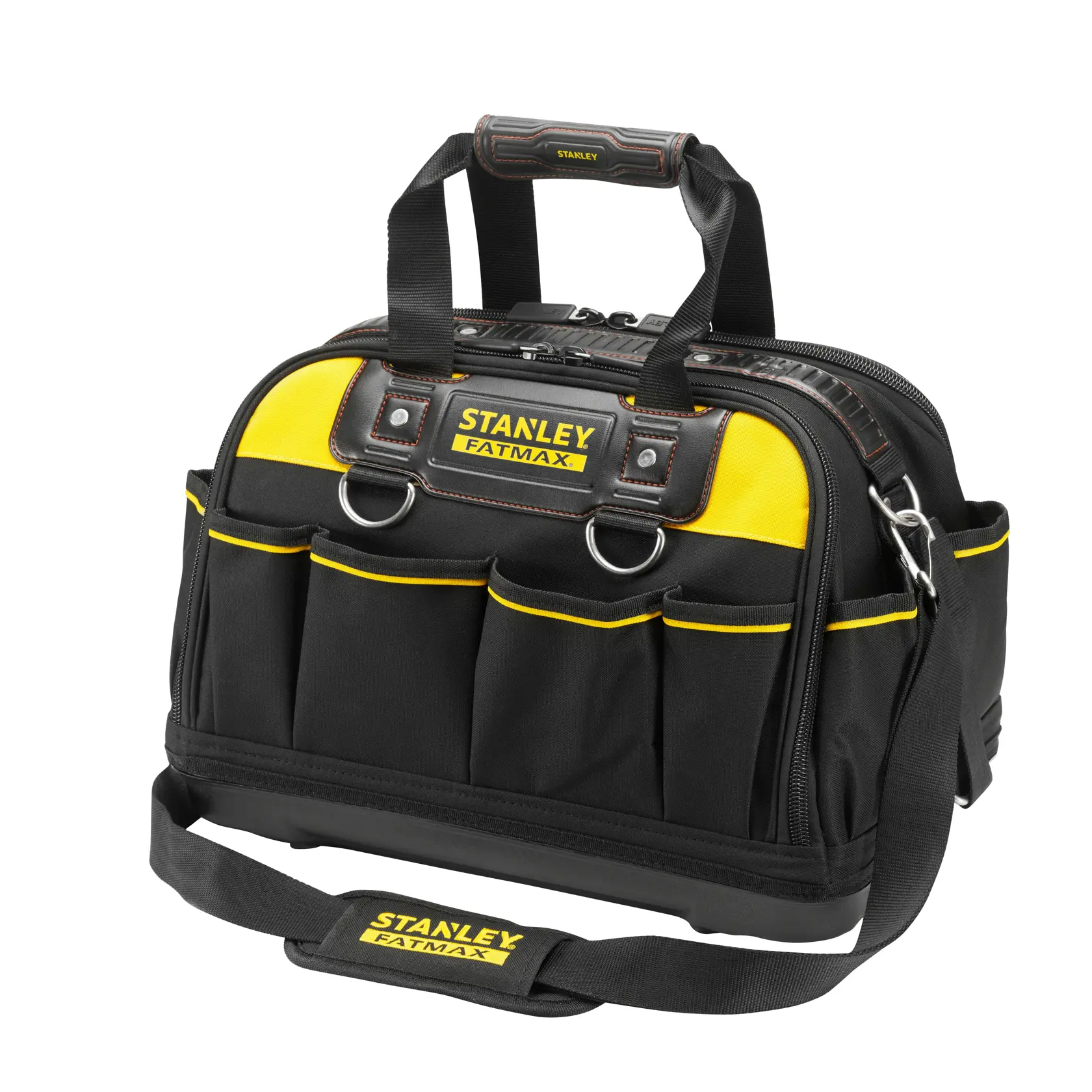 Sac à outils STANLEY FMST1-73607, noir et jaune, avec bandoulière et multiples poches extérieures, angle avant.