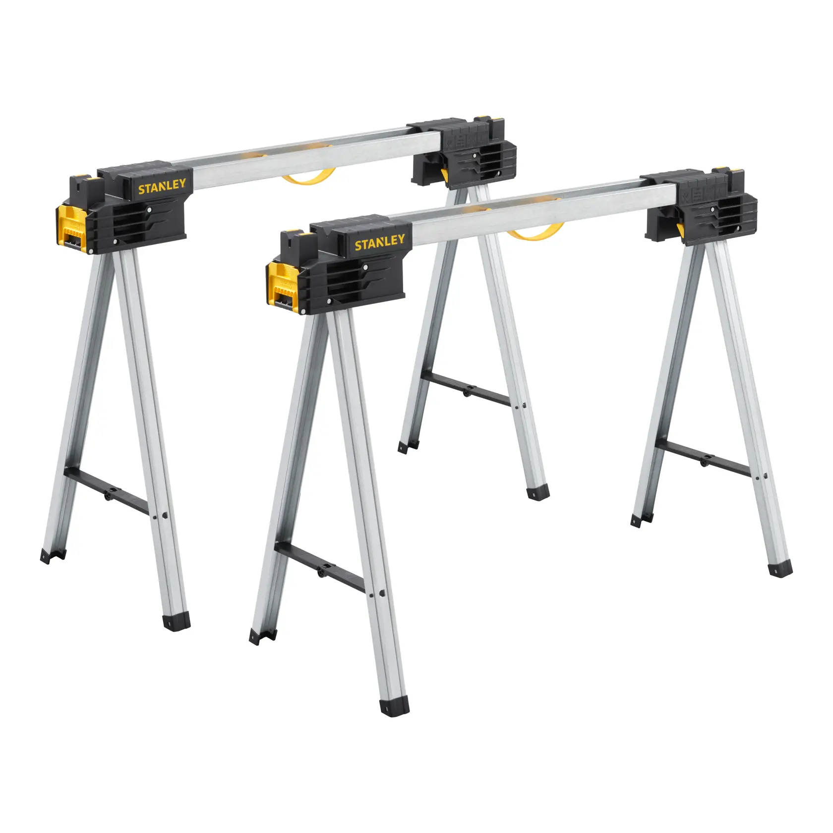 STANLEY FMST1-75763 tréteaux pliants en métal, argent et noir, vue de face sur fond blanc.