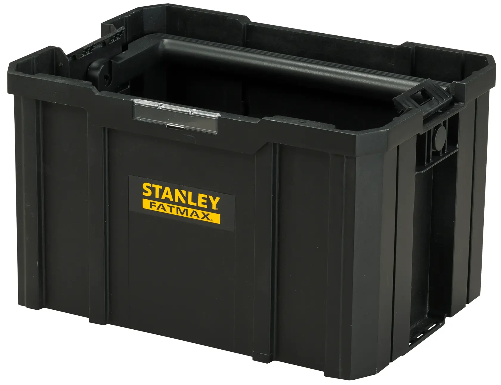 STANLEY FMST1-75794 black plastic stackable storage box, front angle, with yellow FATMAX logo.