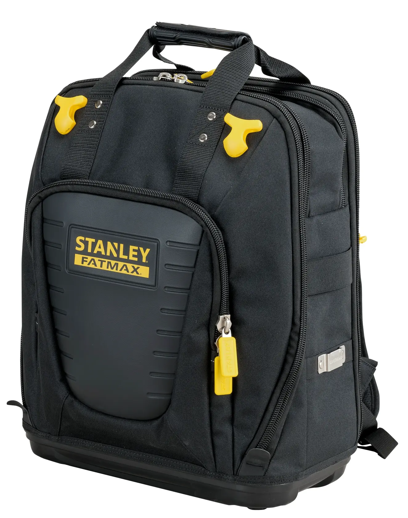 Photo du sac à dos à outils STANLEY FMST1-80144, noir avec accents jaunes, panneau avant rigide, vue de face sur fond blanc.