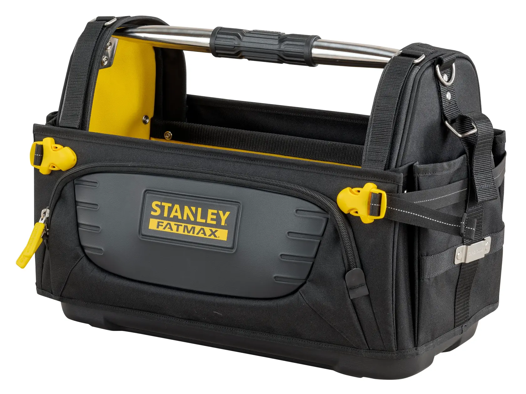 STANLEY FMST1-80146 sac à outils ouvert noir et jaune avec poignée métallique, poche frontale zippée, sangles latérales et base rigide, vue en angle.