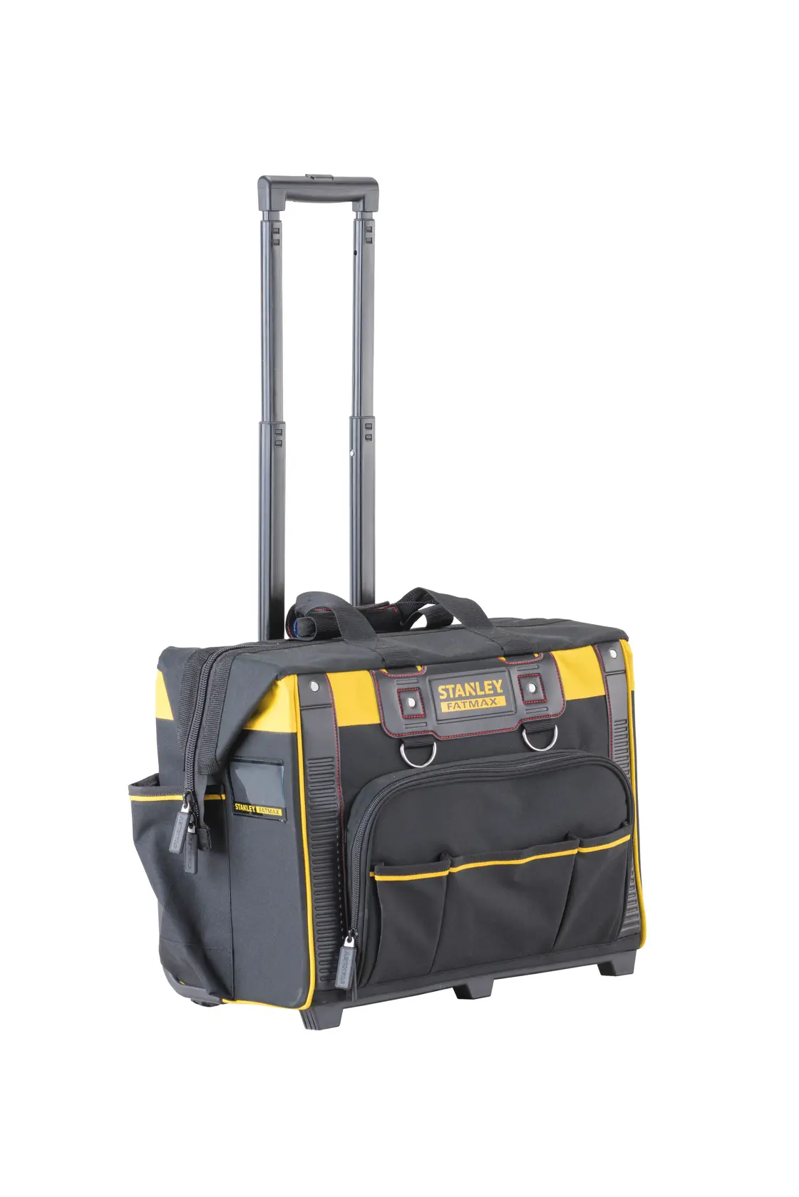 Sac à outils roulant Stanley Fatmax avec poignée télescopique, noir et jaune, avec poches avant, sur fond blanc.