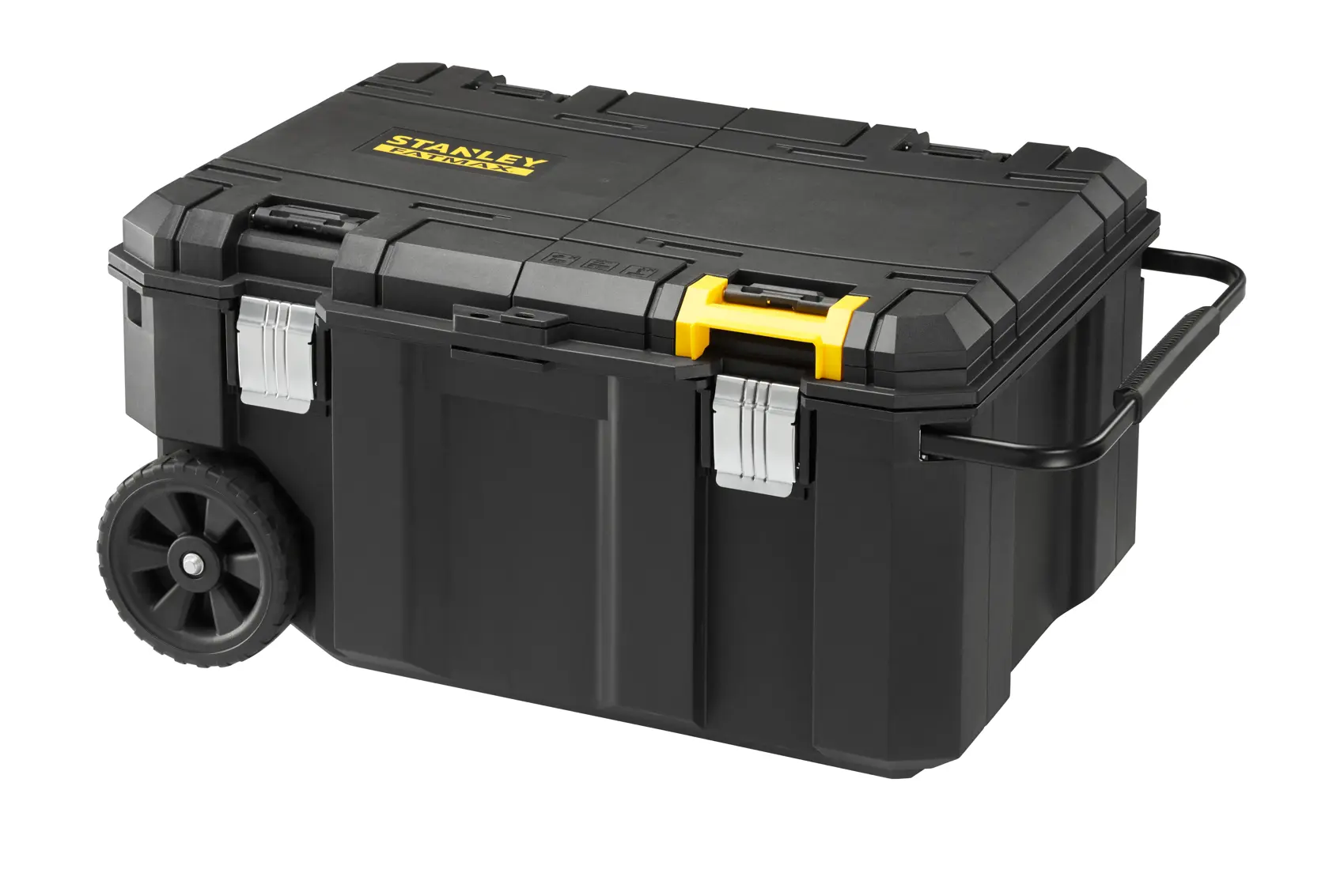 STANLEY FMST17870-1 black rolling tool box with yellow latch, metal latches, and sturdy wheels, angled on white background.