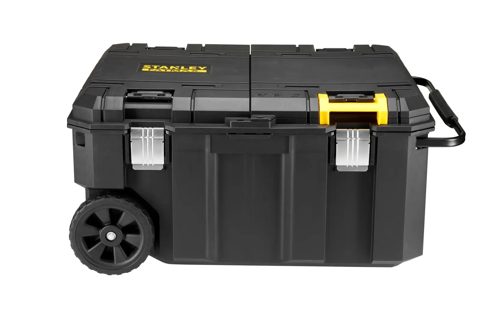 STANLEY FMST17870-1 rolling black tool box with yellow and silver latches, side handles, and large wheels, front angle.