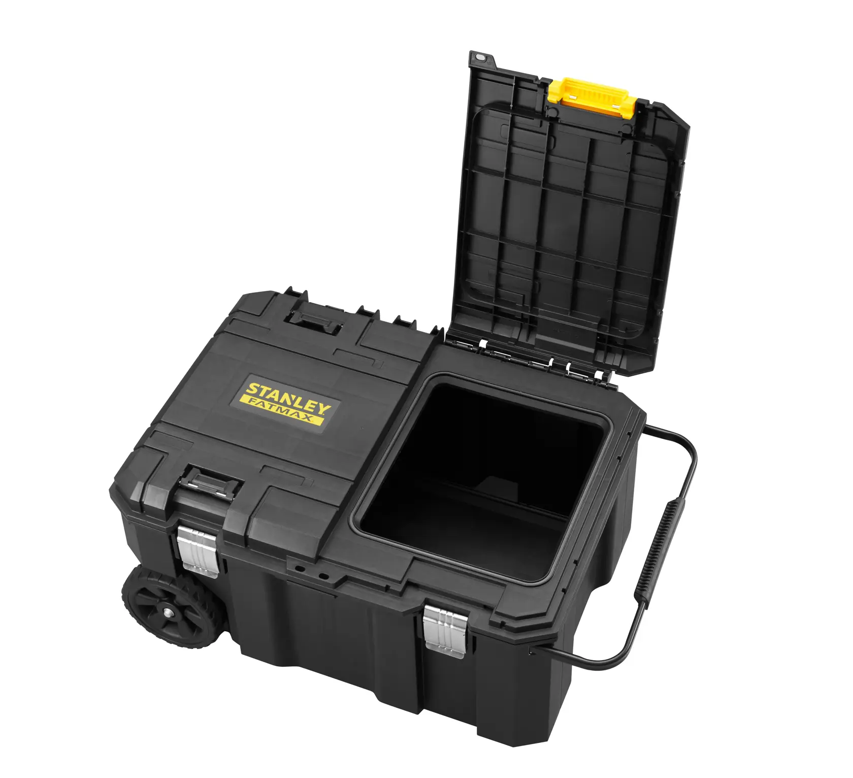STANLEY FMST17870-1 rolling toolbox with open lid, black plastic, yellow handle, angled view.
