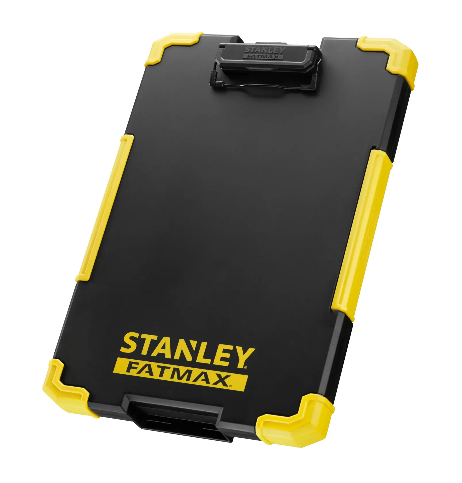 STANLEY FMST82721-1 clipboard noir et jaune vu en angle sur fond blanc, coins renforcés, logo FATMAX visible.