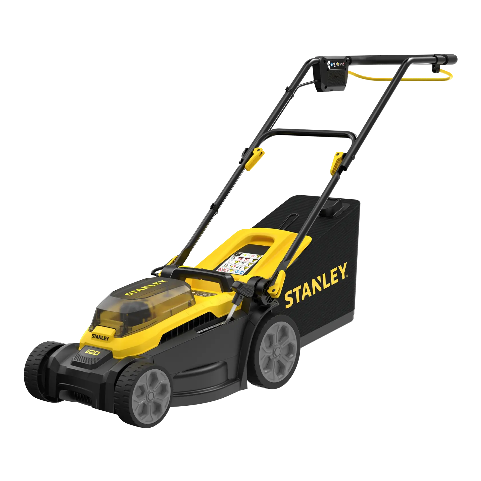 STANLEY SCMWP3401M1-XE cordless lawn mower, black and yellow, side angle, with grass collection bag.