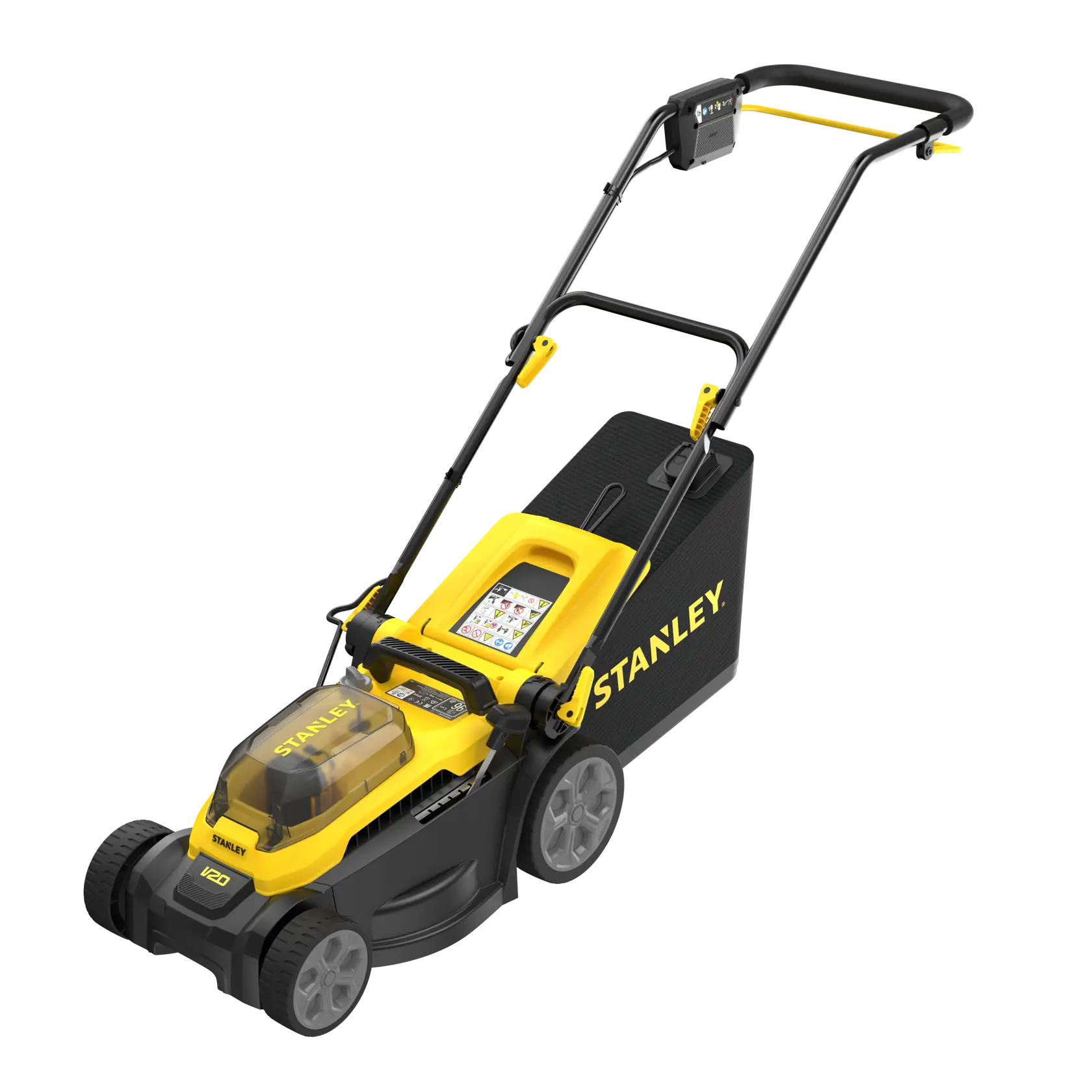 STANLEY SCMWP3401M1-XE cordless yellow and black lawn mower, side angle on white background.