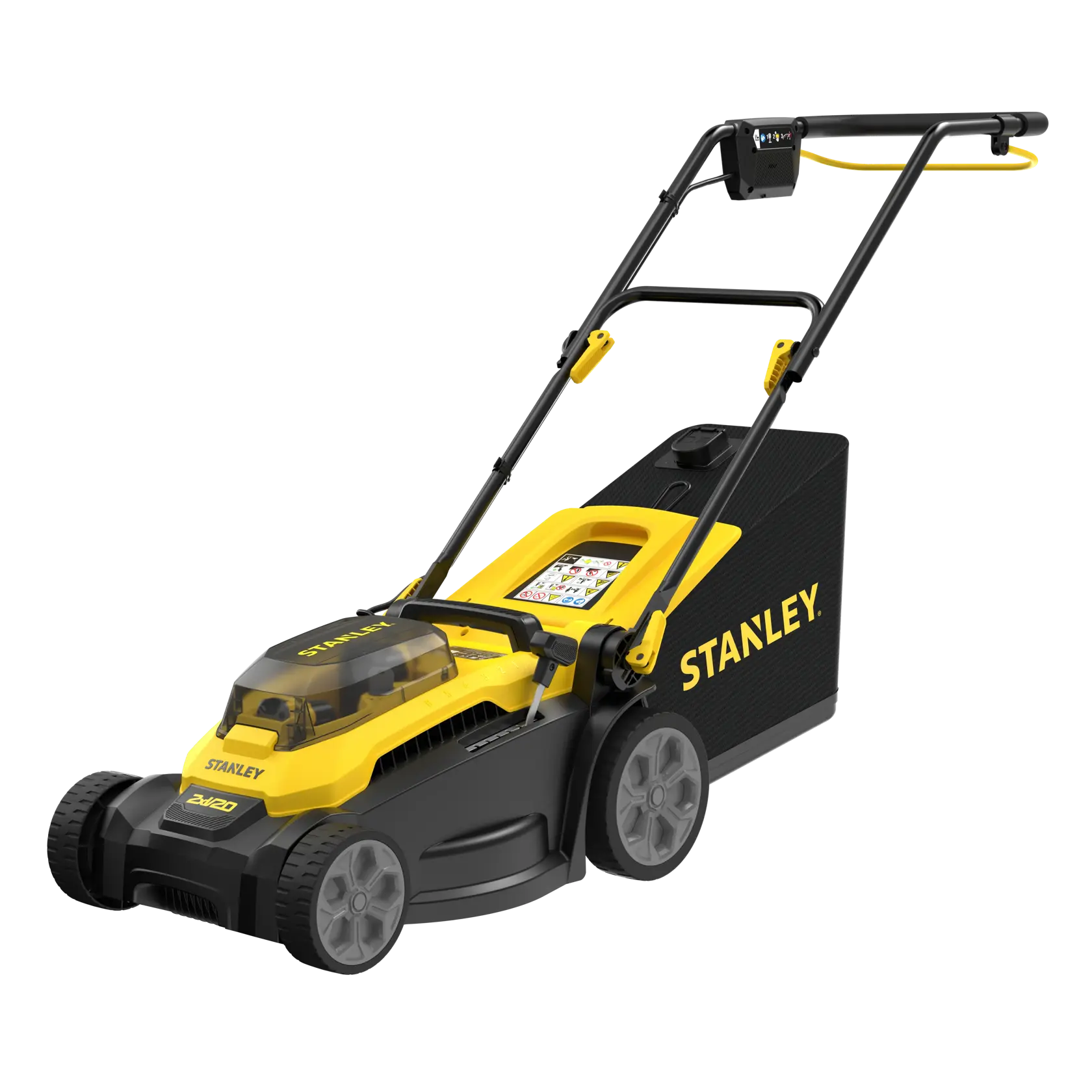 Tondeuse sans fil STANLEY SCMWP3701M2 vue de face, design jaune et noir, bac à herbe arrière visible.