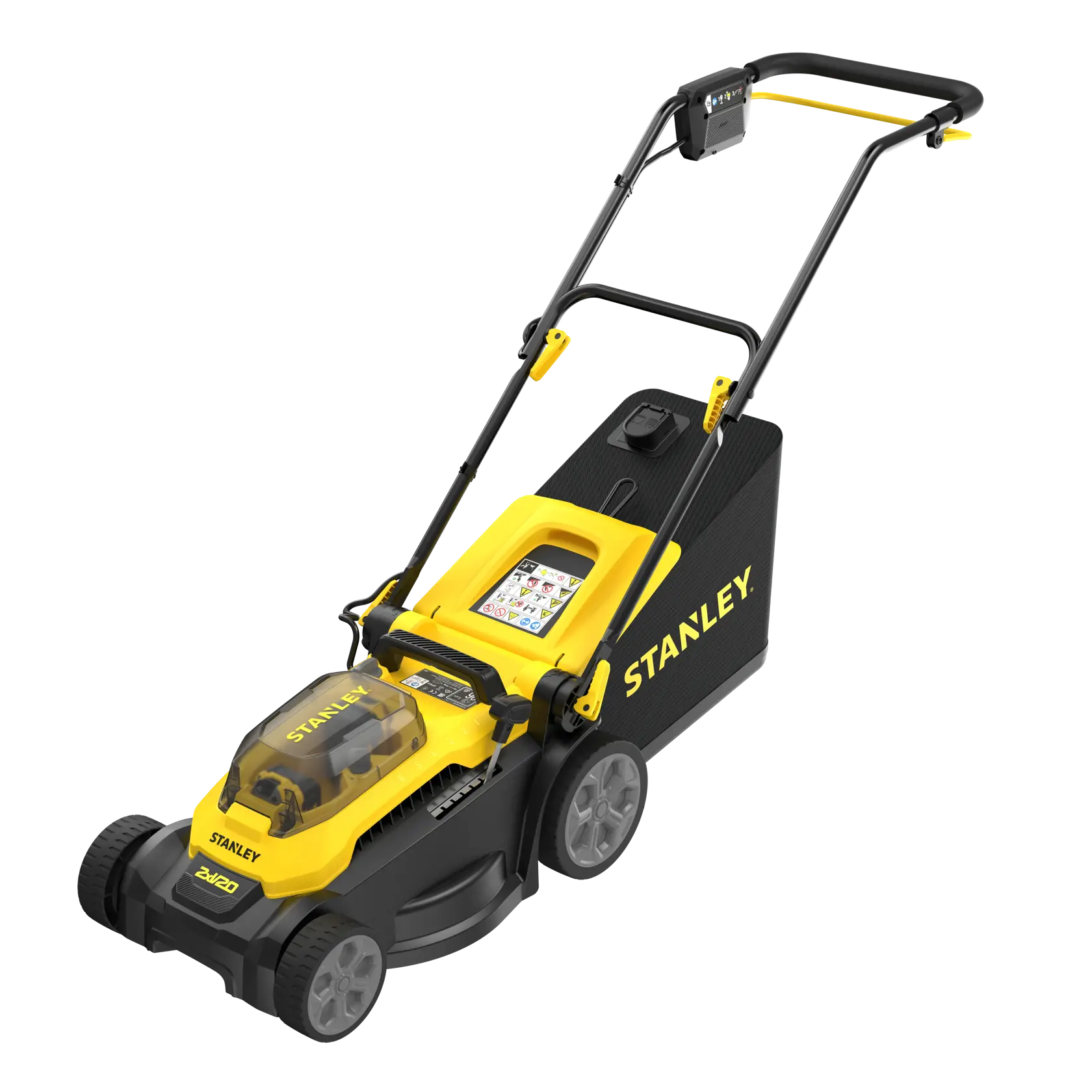 STANLEY SCMWP3701M2 cordless lawn mower, yellow and black, side angle on white background.