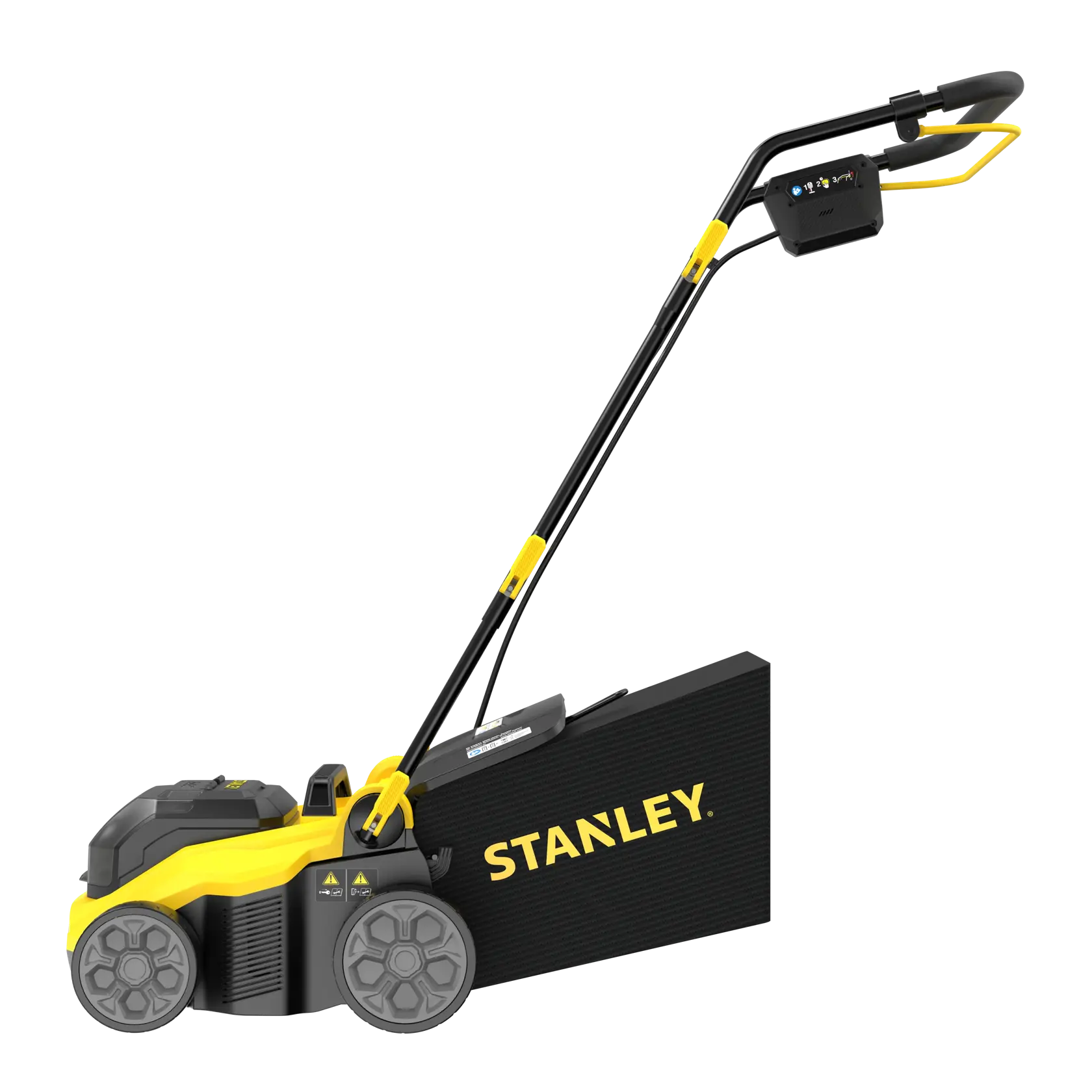 Foto del tosaerba STANLEY SCOEP3801N, angolo laterale, design nero e giallo, grandi ruote, sacco raccolta erba.