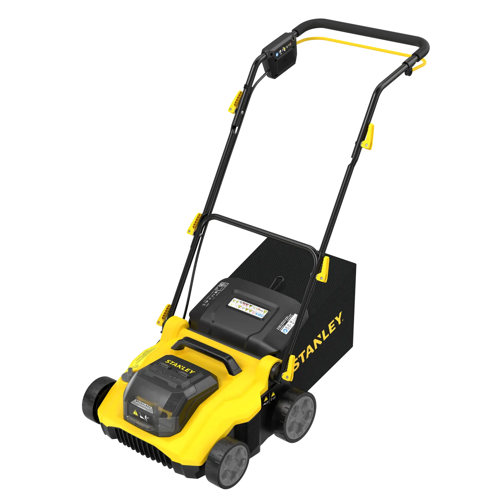 Tosaerba STANLEY SCOEP3801N giallo e nero, vista angolata su sfondo bianco.