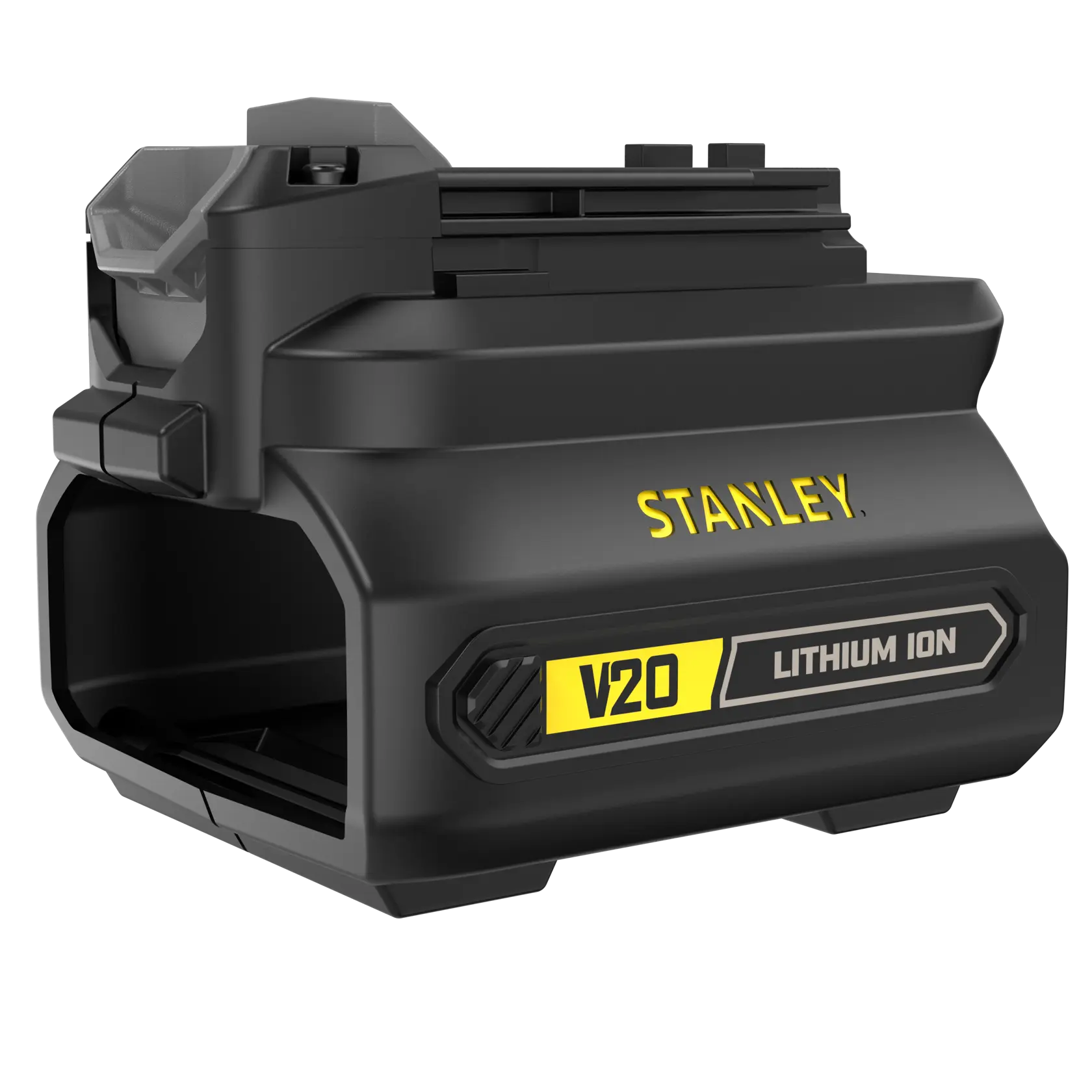 Photo de la batterie STANLEY SFMCB100 V20 lithium-ion, noir et jaune, vue en angle sur fond blanc.