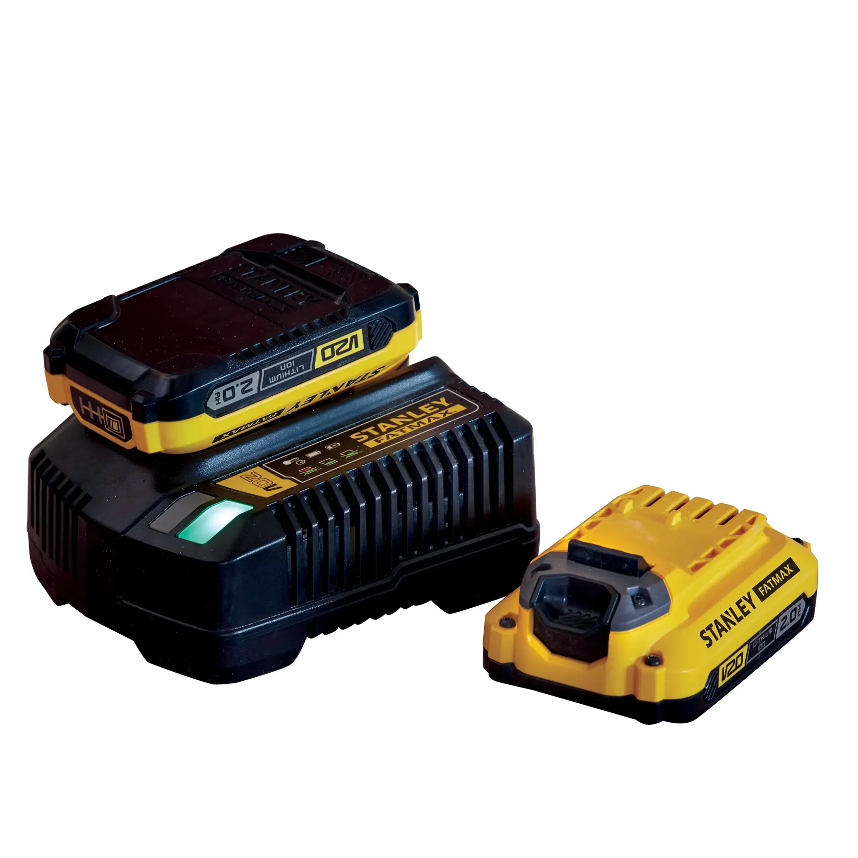 Lot batterie et chargeur Stanley Fatmax V20 noir et jaune, adapté à l’équipement photographique.