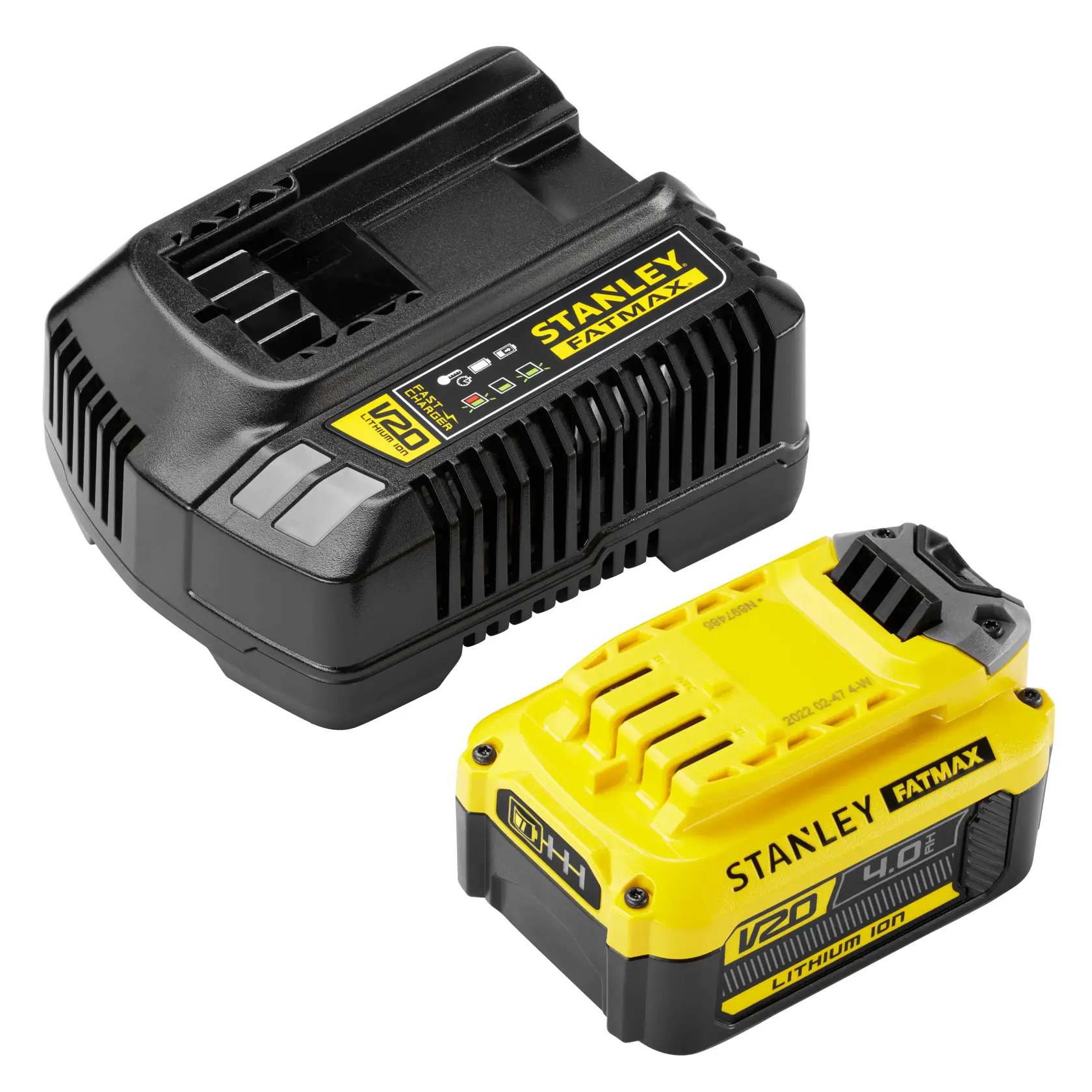 STANLEY SFMCB14M1 kit batterie et chargeur V20 FatMax, noir et jaune, photo de produit incliné sur fond blanc.