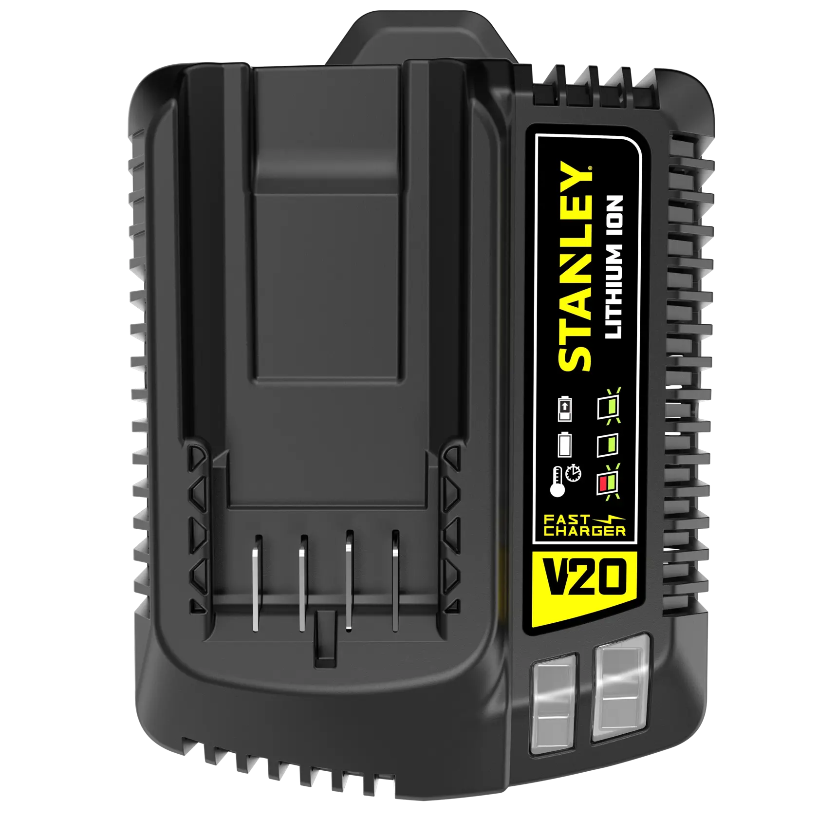 Stanley SFMCB14 caricabatterie, nero, vista frontale, V20 lithium-ion, marchio Fatmax.