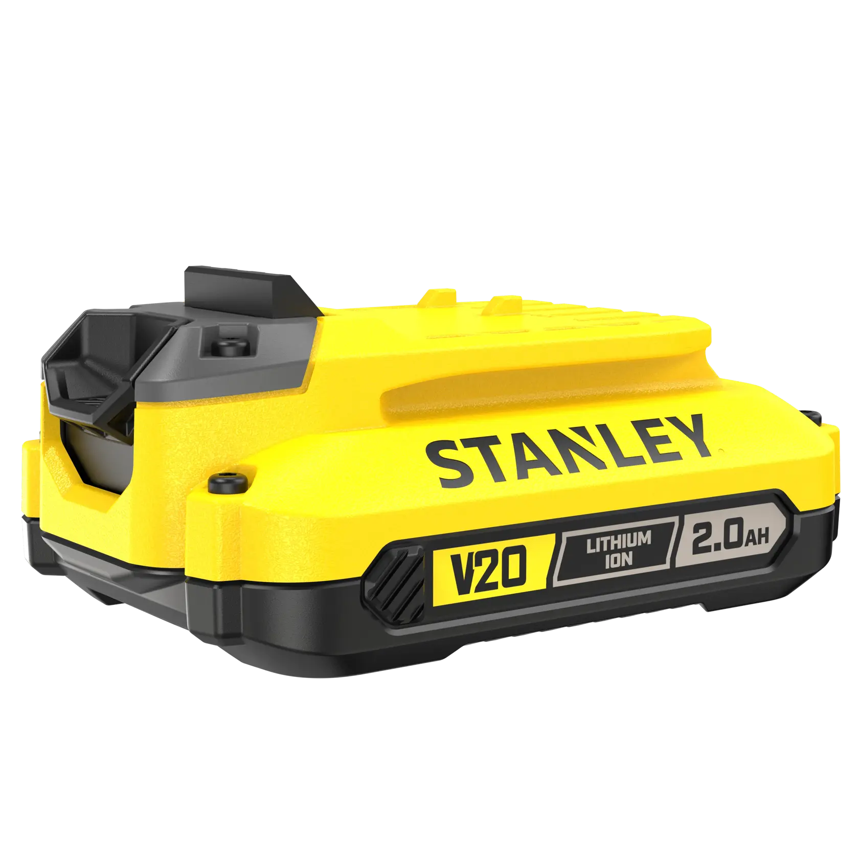 STANLEY SFMCB202 V20 FATMAX batterie lithium-ion 2.0Ah, vue latérale, boîtier jaune et noir.