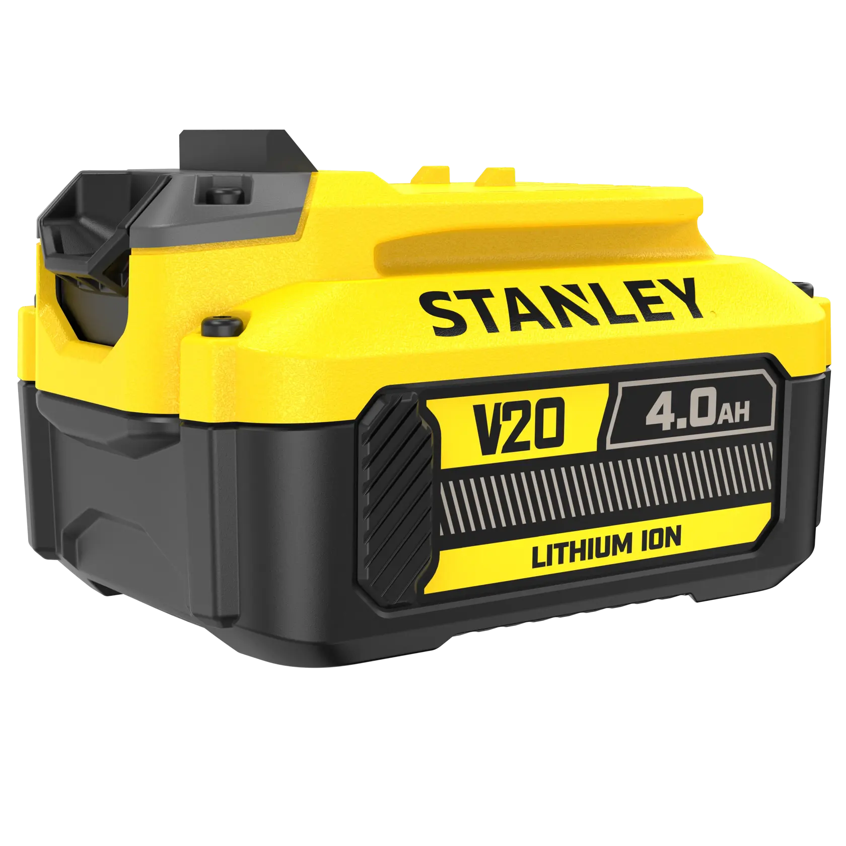 Photo de la batterie lithium ion STANLEY SFMCB204 V20 Fatmax 4.0Ah, vue en angle sur fond blanc.