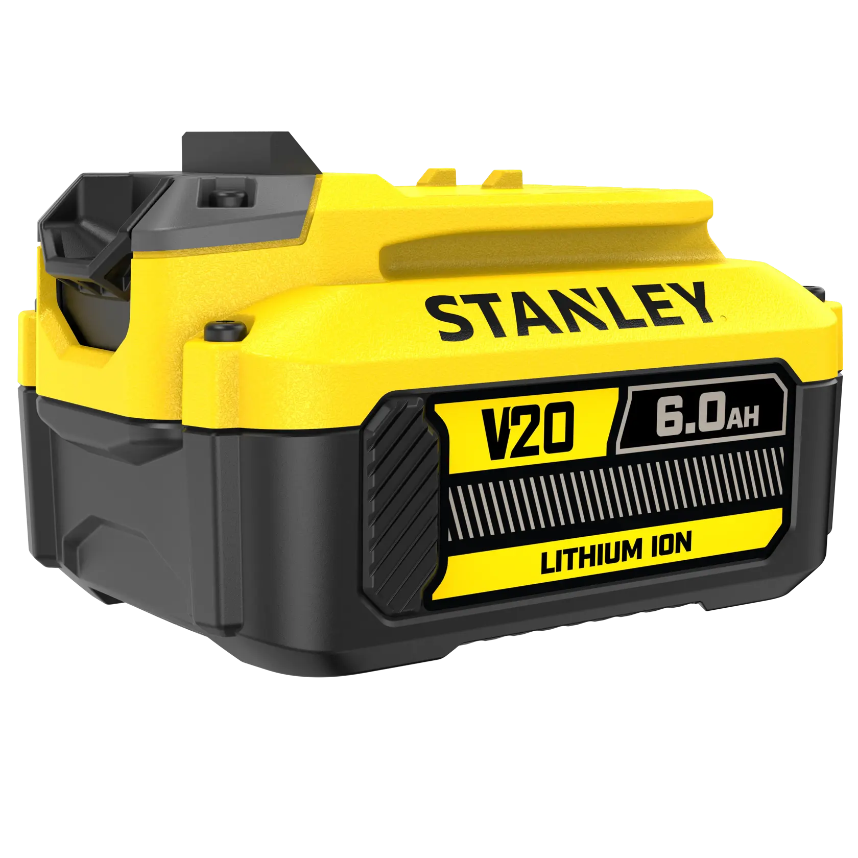 Photo de la batterie d'outil STANLEY SFMCB206, V20 6.0Ah lithium-ion, jaune et noire, vue en angle.