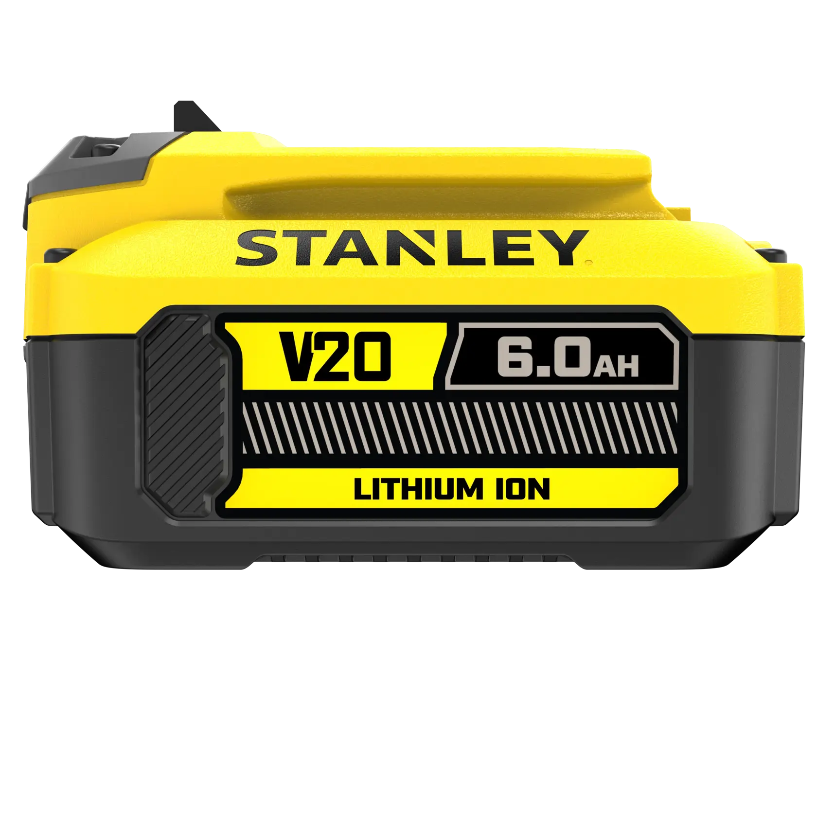 Photo de la batterie lithium-ion STANLEY FATMAX SFMCB206 V20 6.0Ah, angle avant, boîtier jaune et noir.