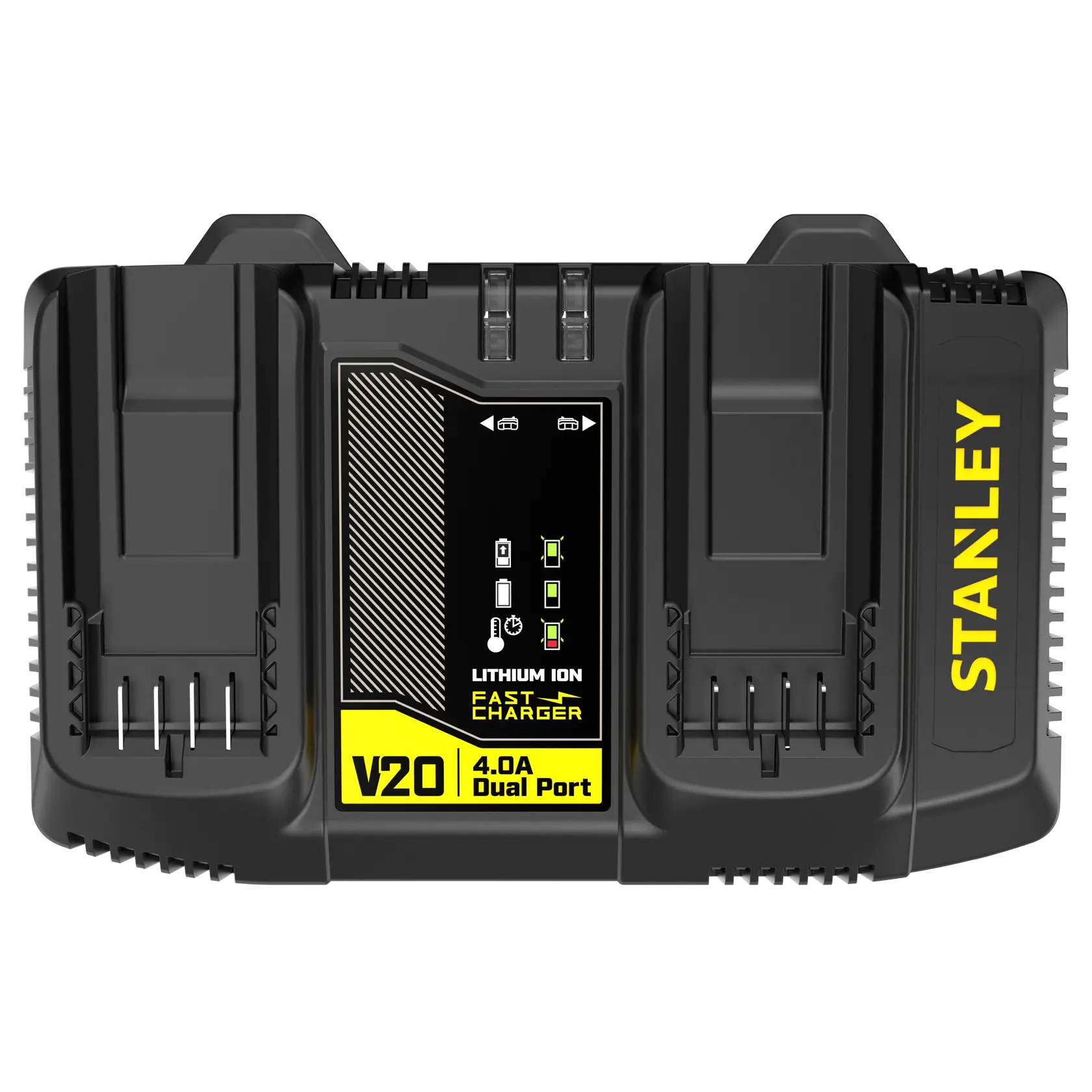 Caricabatterie STANLEY SFMCB24, V20 Fatmax 4,0A doppia porta, vista frontale, design nero e giallo.