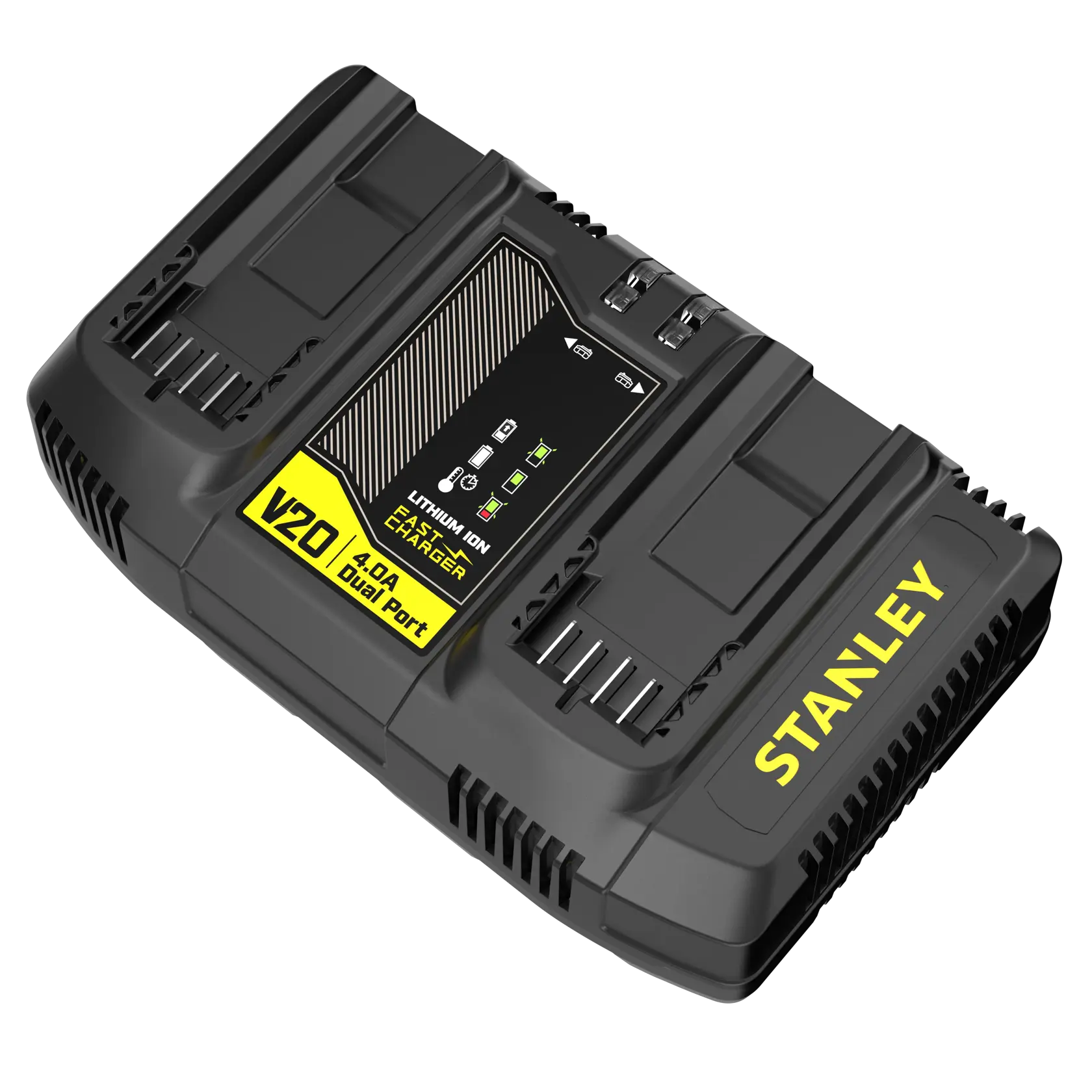 Caricabatterie doppio STANLEY SFMCB24 con due batterie nere e gialle, vista angolata su sfondo bianco.
