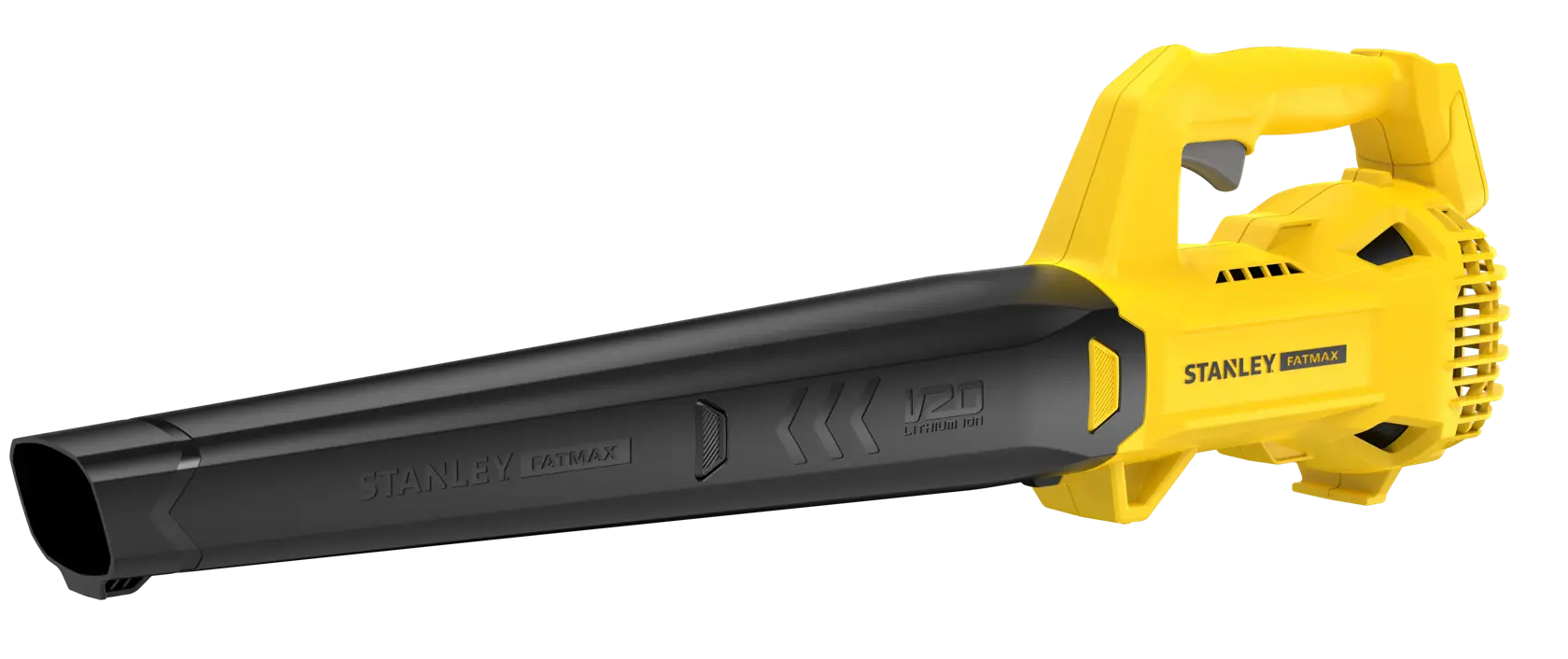 STANLEY SFMCBL714B-XJ souffleur de feuilles sans fil, jaune et noir, vue latérale sur fond blanc.