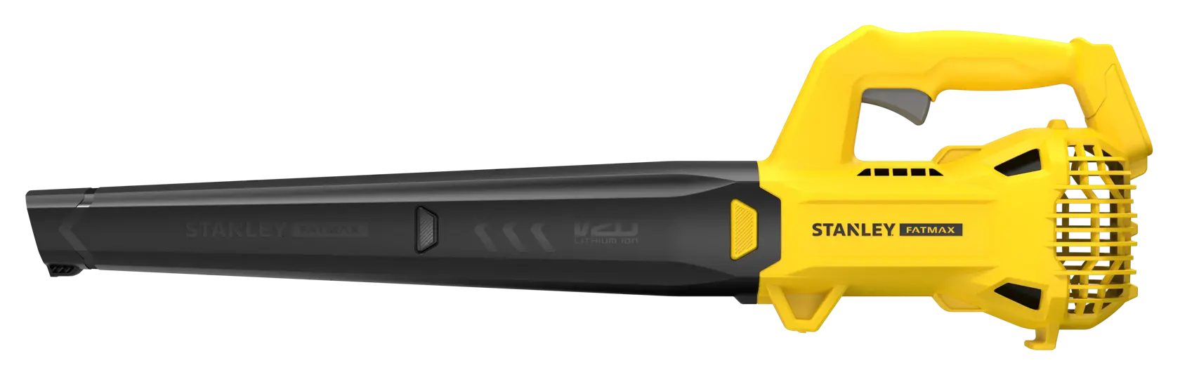 Souffleur de feuilles STANLEY SFMCBL714B-XJ, jaune et noir, vue latérale sur fond blanc.