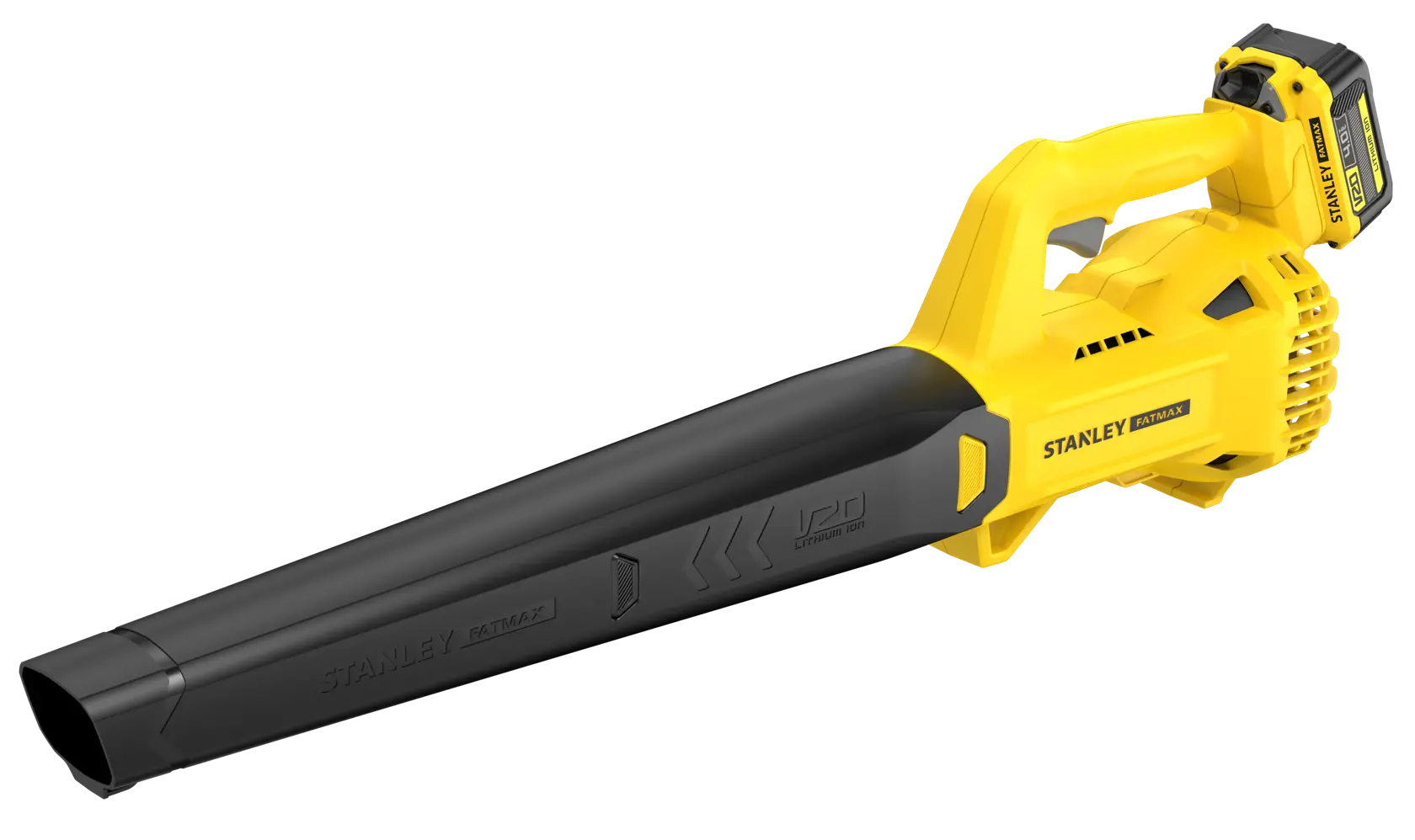 Souffleur de feuilles sans fil STANLEY SFMCBL714M1, jaune et noir, vue latérale sur fond blanc.