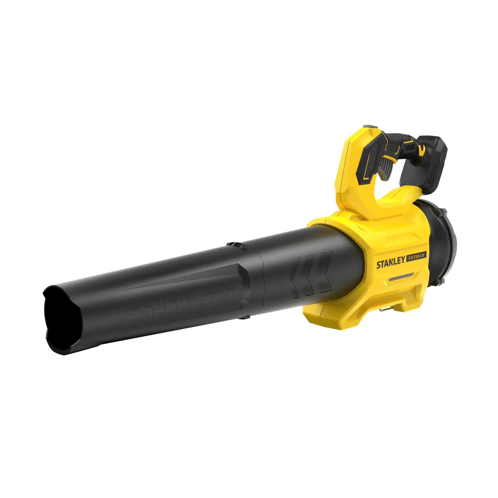 Fotografia del soffiatore di foglie a batteria STANLEY SFMCBL730B, giallo e nero, vista laterale, su sfondo bianco.