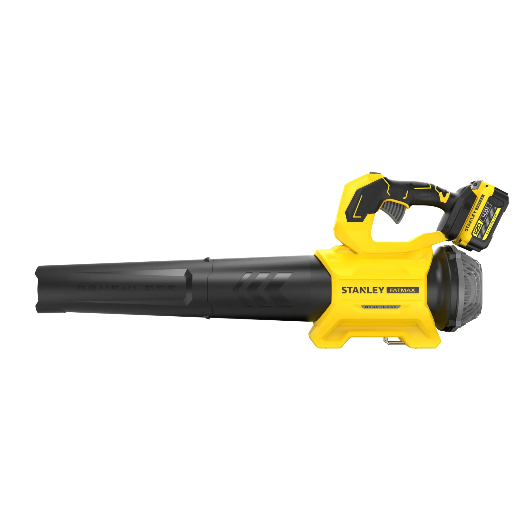 Foto del soffiatore di foglie cordless STANLEY SFMCBL730M1, giallo e nero, vista laterale su sfondo bianco.