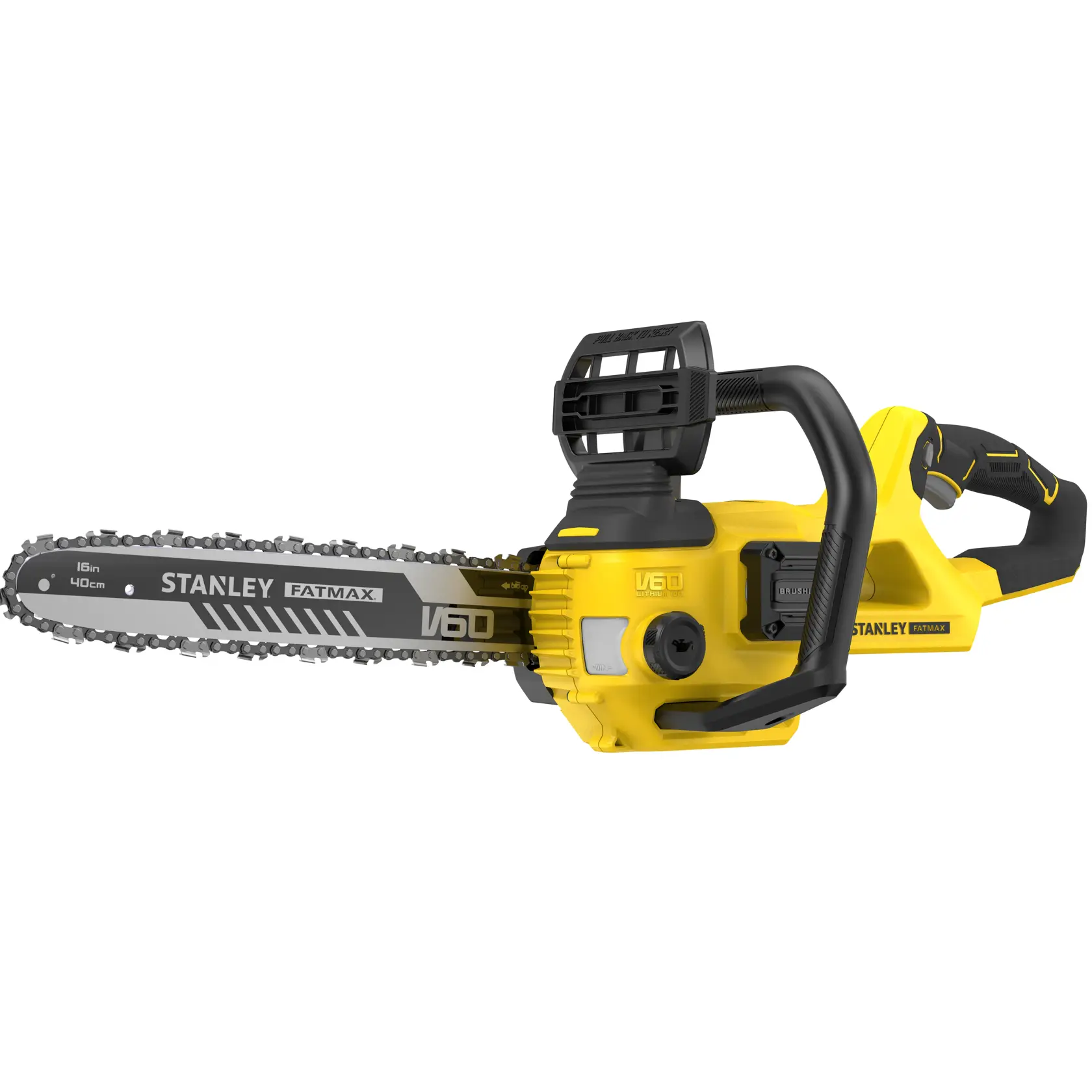 Photo of STANLEY SFMCCSB664B chainsaw, yellow and black, side view, with 16in blade and ergonomic handle.